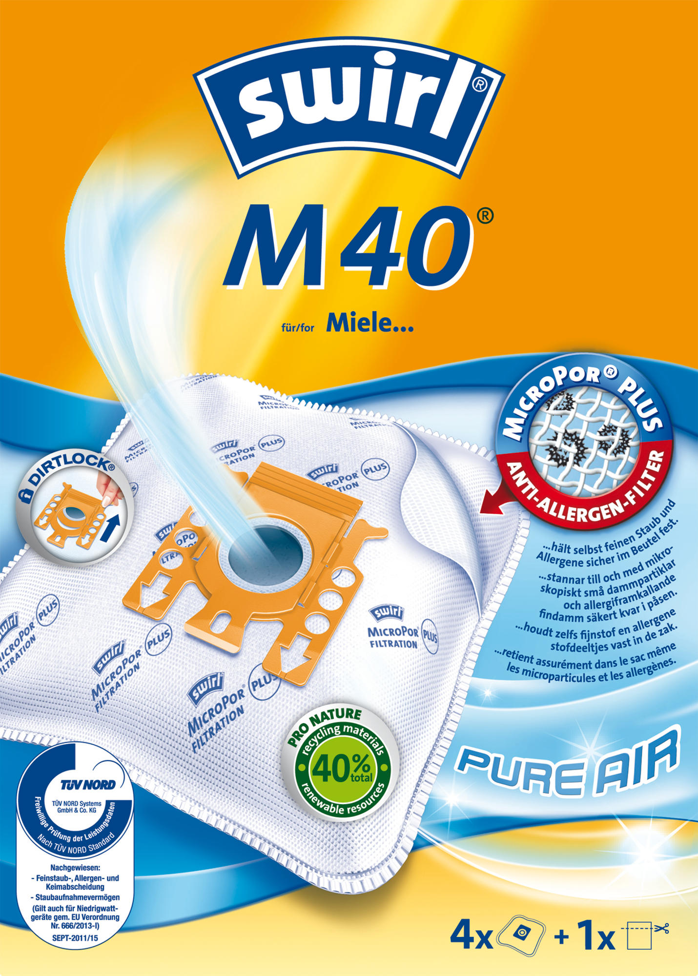 Swirl M40 vacuum cleaner bag package. Orange, white, and blue colors.