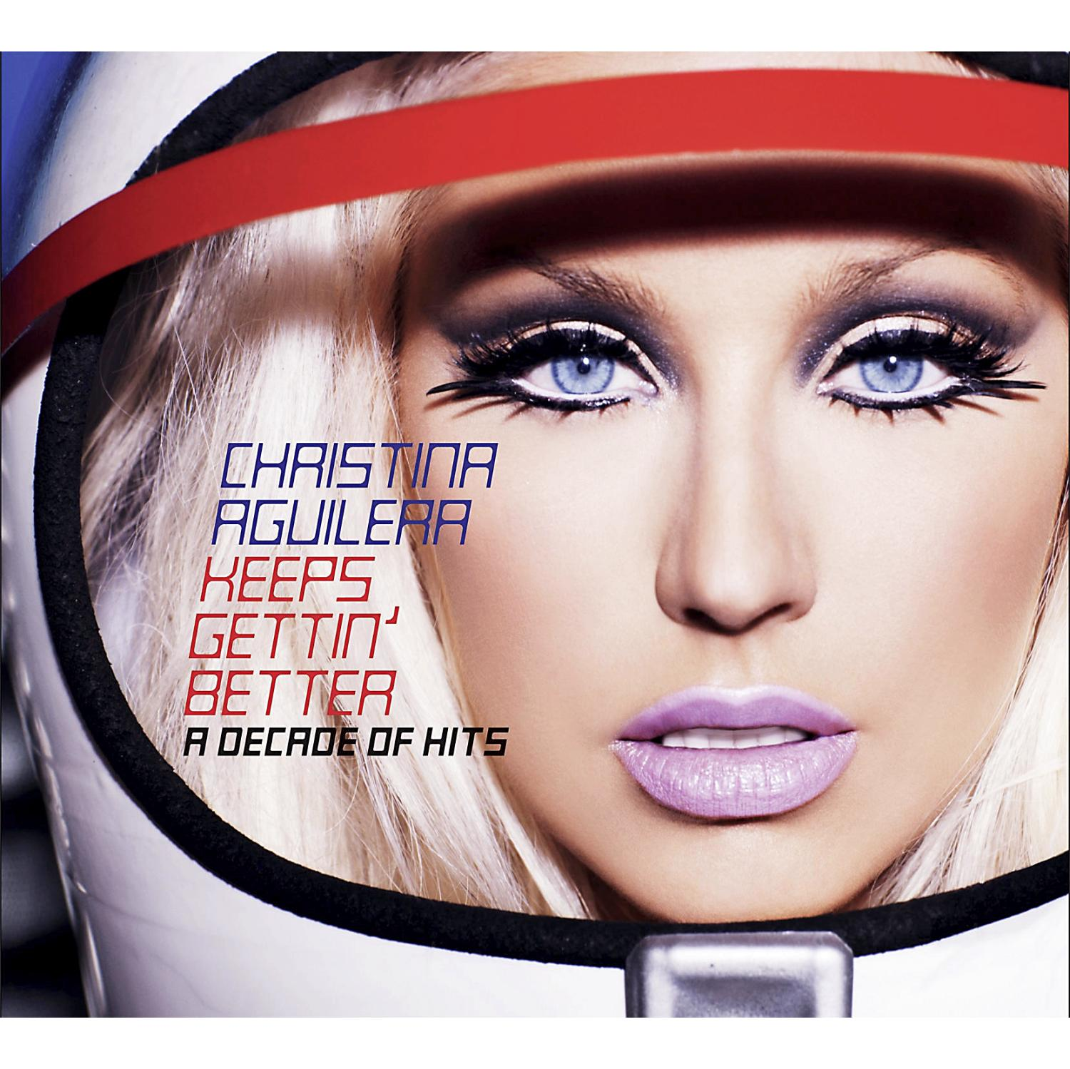 Christina Aguilera Albumcover, Nahaufnahme ihres Gesichts in einem weißen Helm, mit blauem Lidschatten.