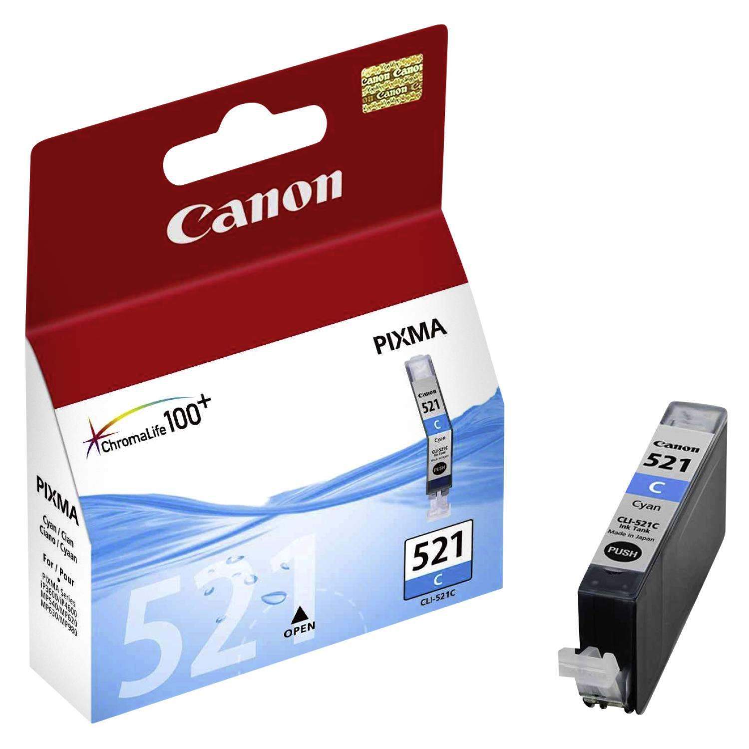 Eine rot-weiße Canon Tintenpatronenbox und eine einzelne Patrone mit der Aufschrift 'Cyan'.