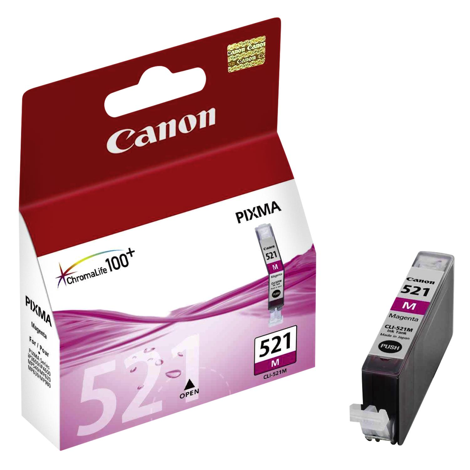 Canon Tintenpatronenverpackung und die Patrone selbst. Magenta Farbe, weißer Hintergrund.