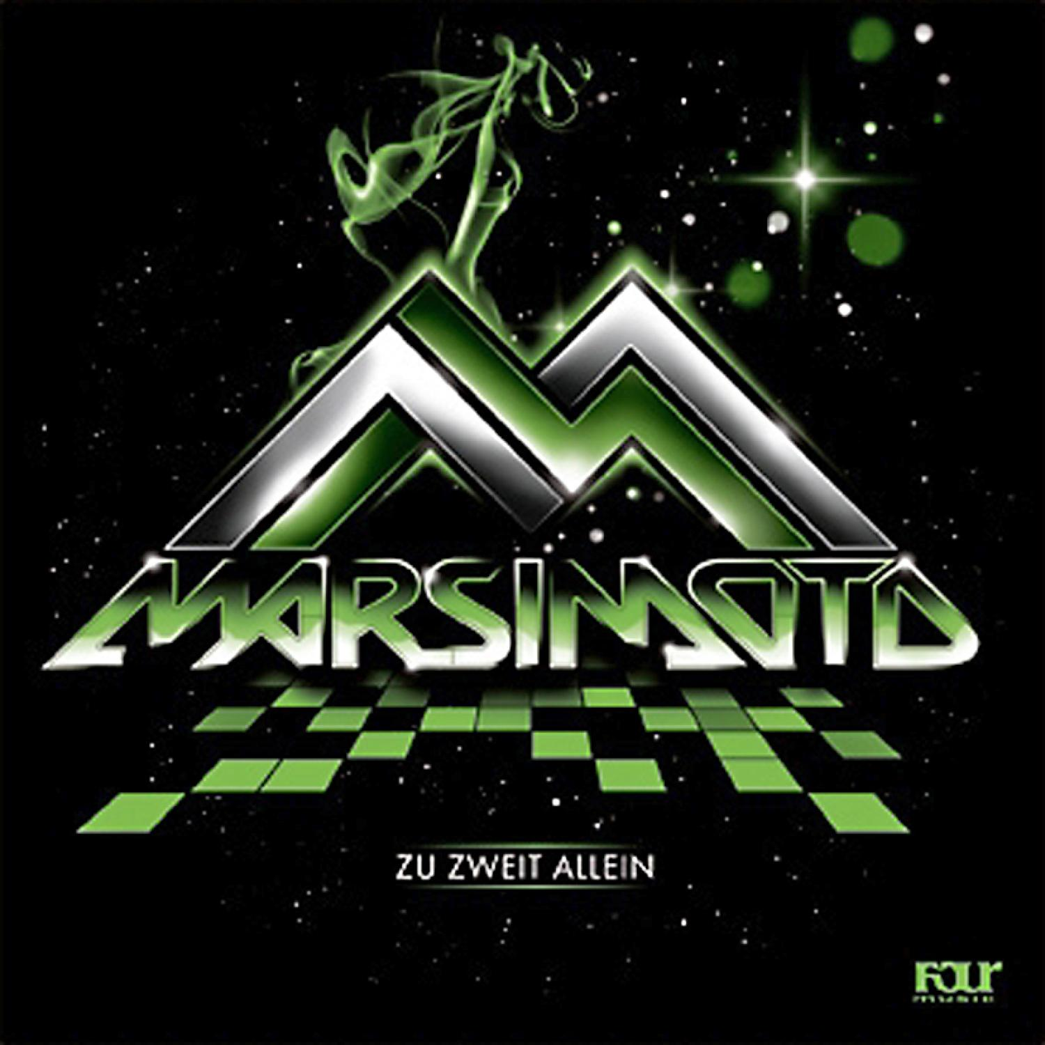 Albumcover mit grünem und silbernem Logo: MARSIMOTO. Text lautet 'ZU ZWEIT ALLEIN'. Schwarzer Hintergrund mit grünen Akzenten.