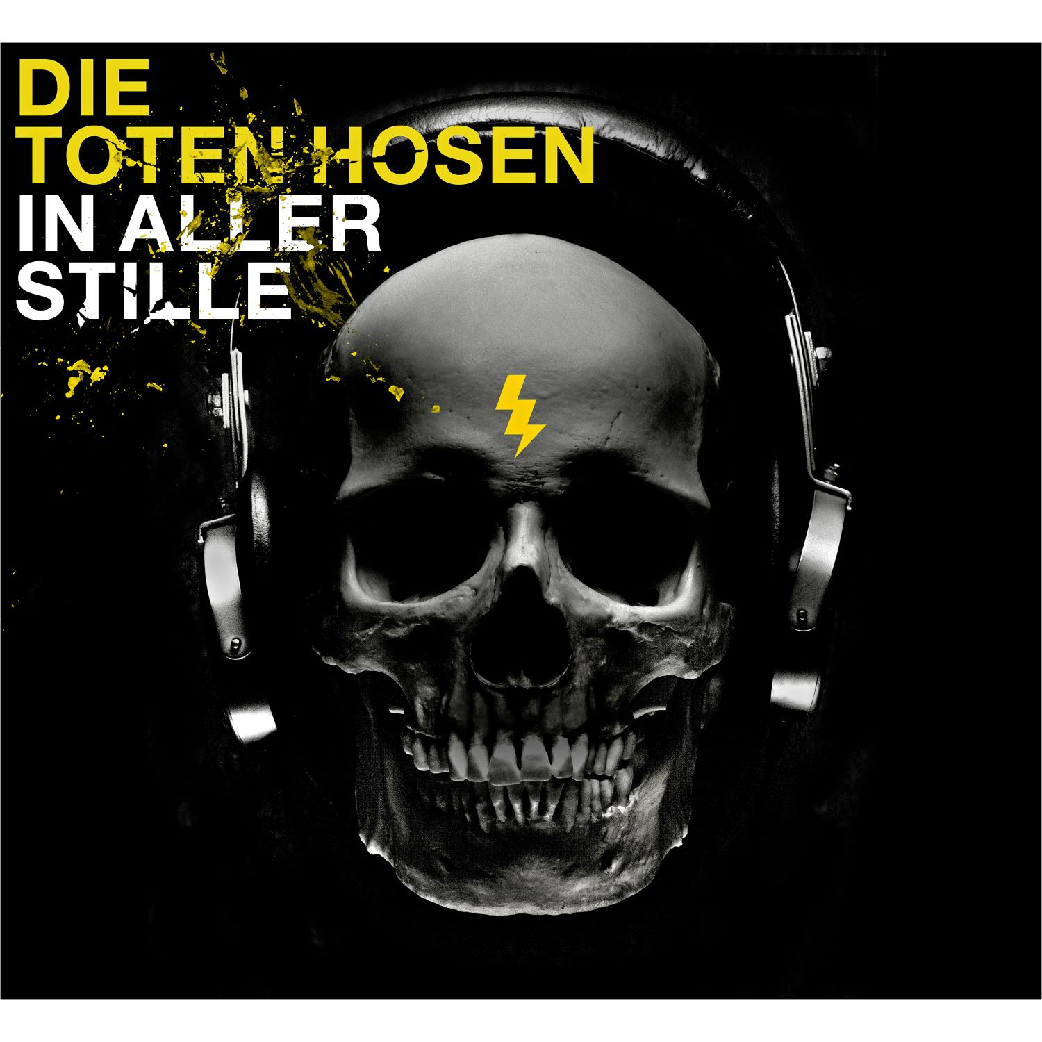 Albumcover: Ein Totenkopf mit Kopfhörern auf schwarzem Hintergrund. Der Text lautet Die Toten Hosen und In Aller Stille.