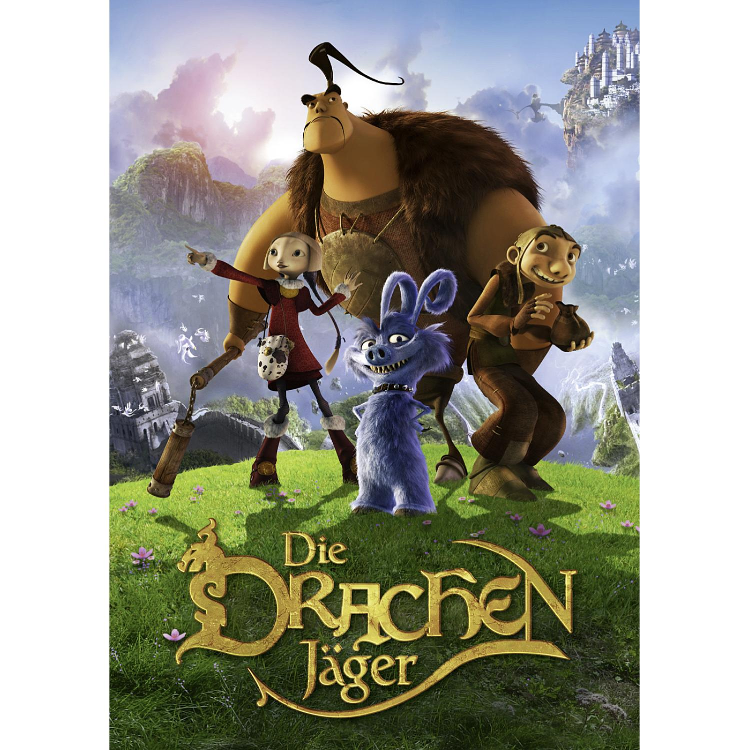 Poster eines Animationsfilms. Vier Cartoon-Charaktere in einer Fantasy-Umgebung.