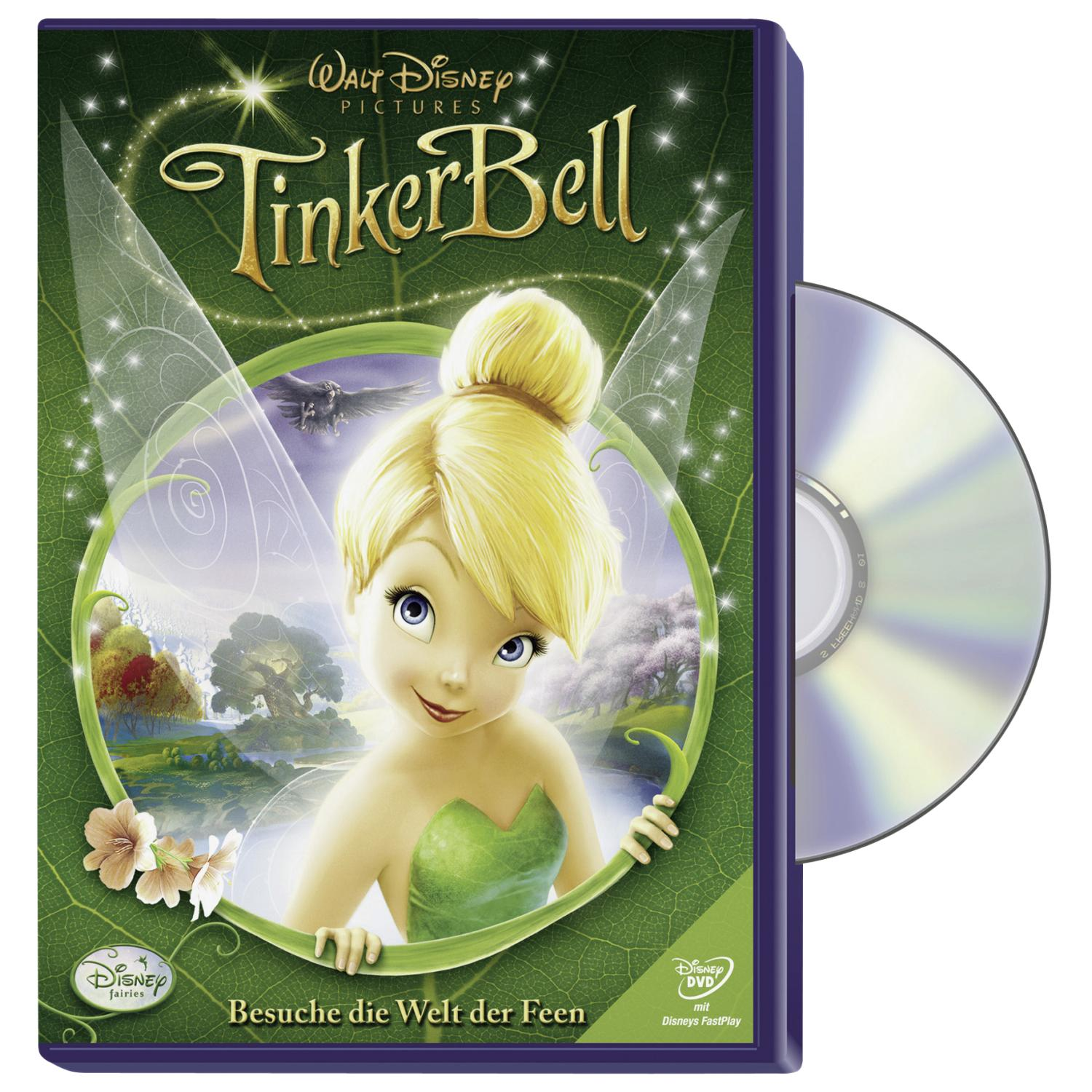 DVD-Cover für TinkerBell: Tinkerbell ist vorne mit einem Waldhintergrund und einer DVD-Hülle zu sehen.