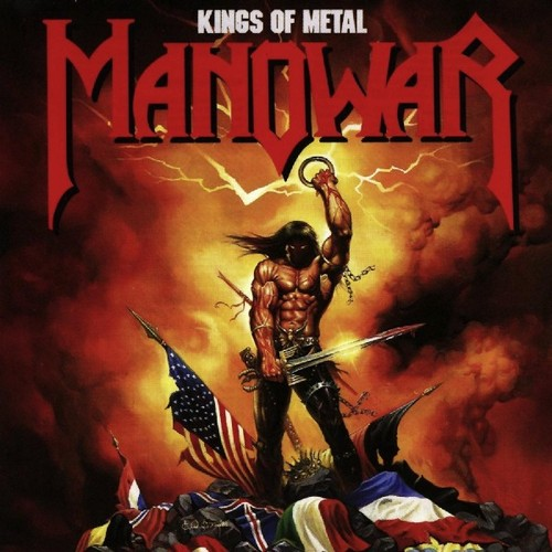 Albumcover: Manowar-Bandmitglied mit Schwert, umgeben von Flaggen, Feuer im Hintergrund.