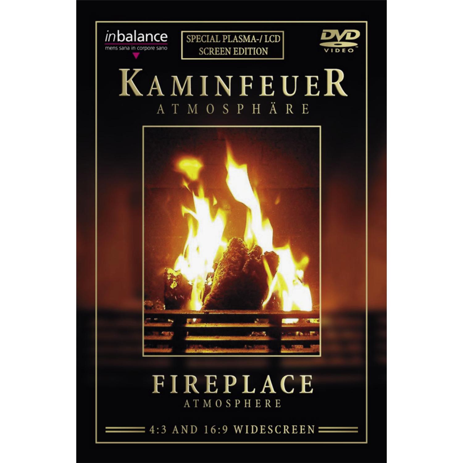 DVD-Cover eines Kamins, mit sichtbaren Flammen, Text "Kaminfeuer" und "Fireplace".