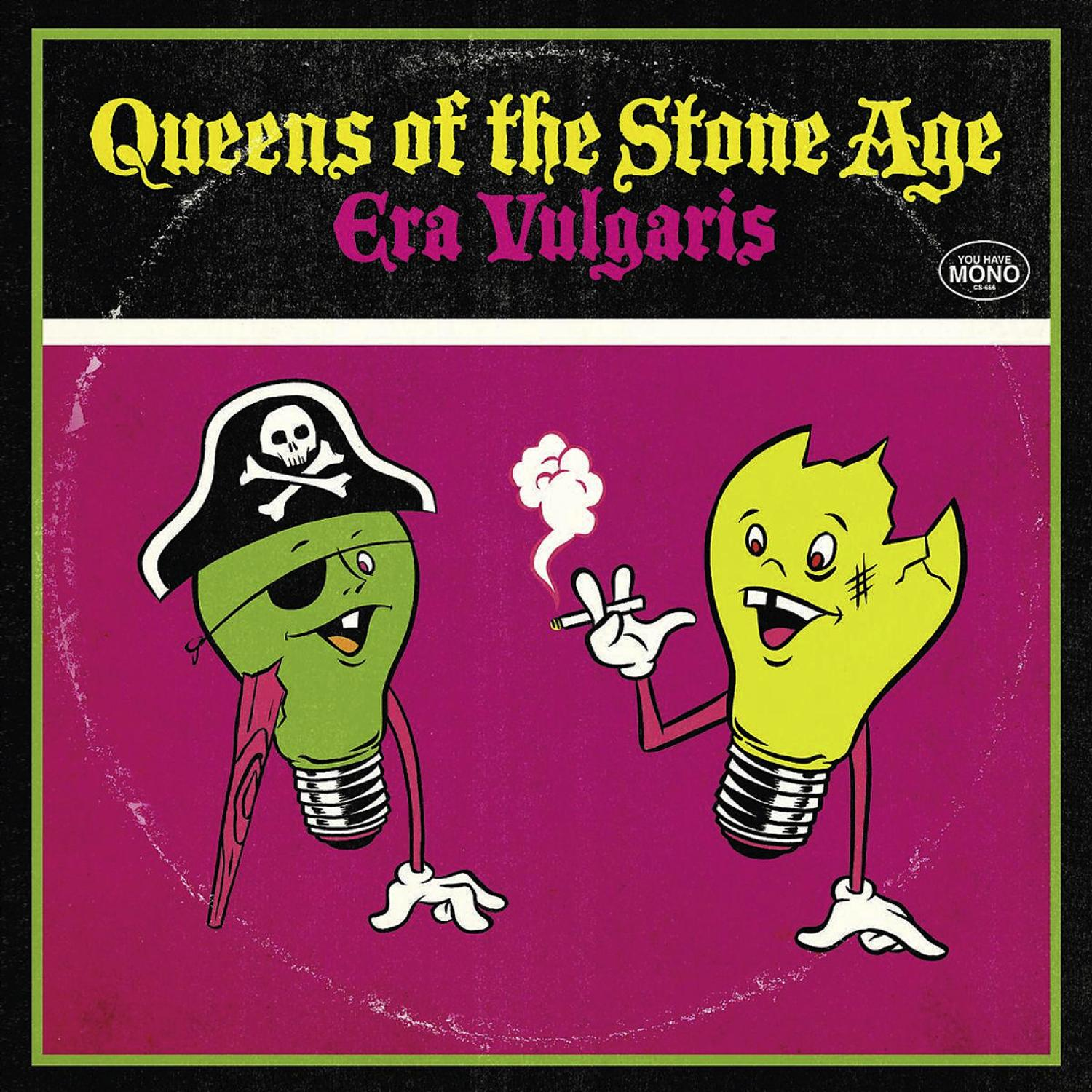 Queens of the Stone Age's Era Vulgaris-Albumcover mit Cartoon-Glühbirnen.