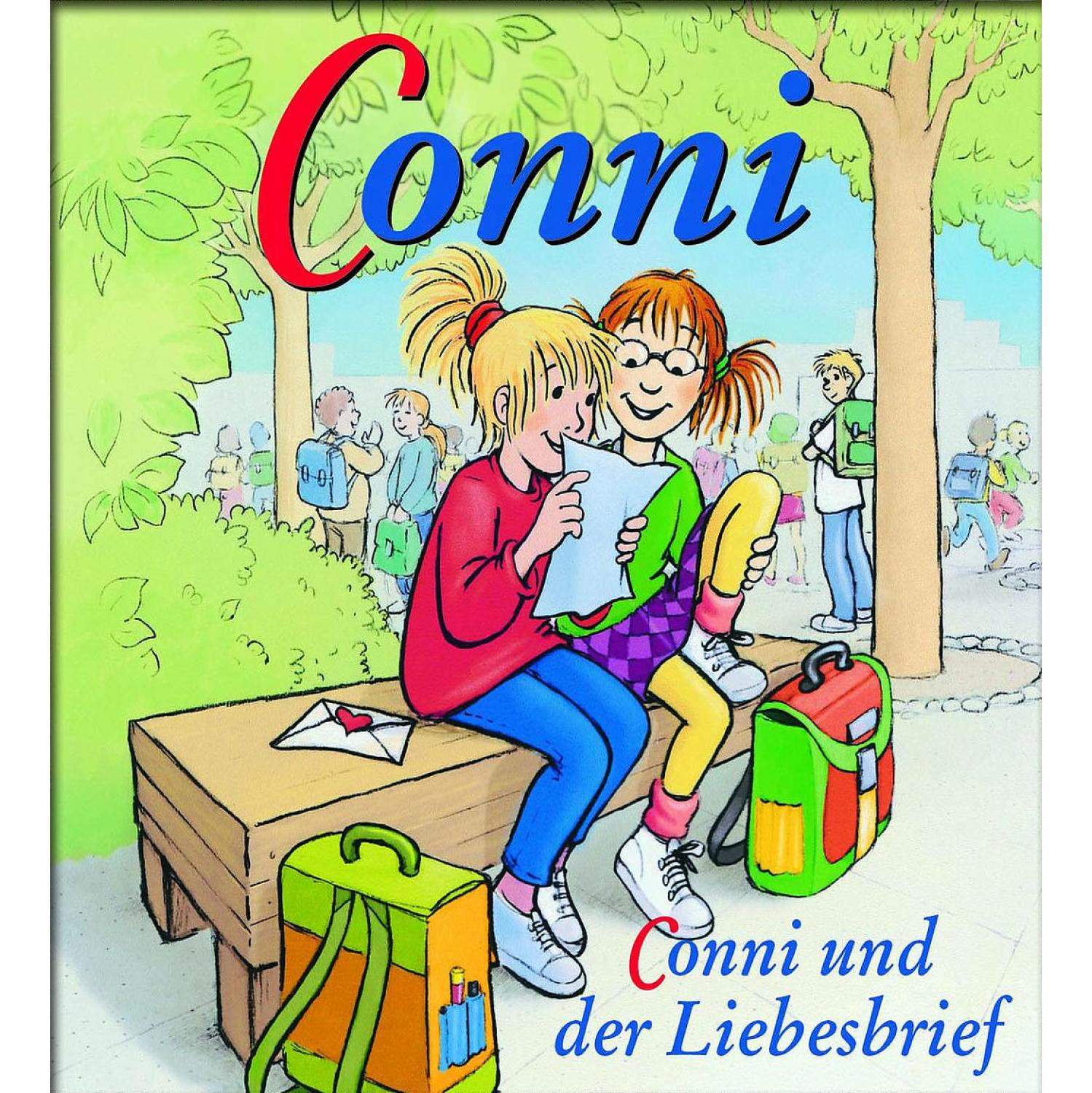 Kinderbuchumschlag. Zwei Mädchen lesen einen Brief, mit dem Text Conni und der Liebesbrief.
