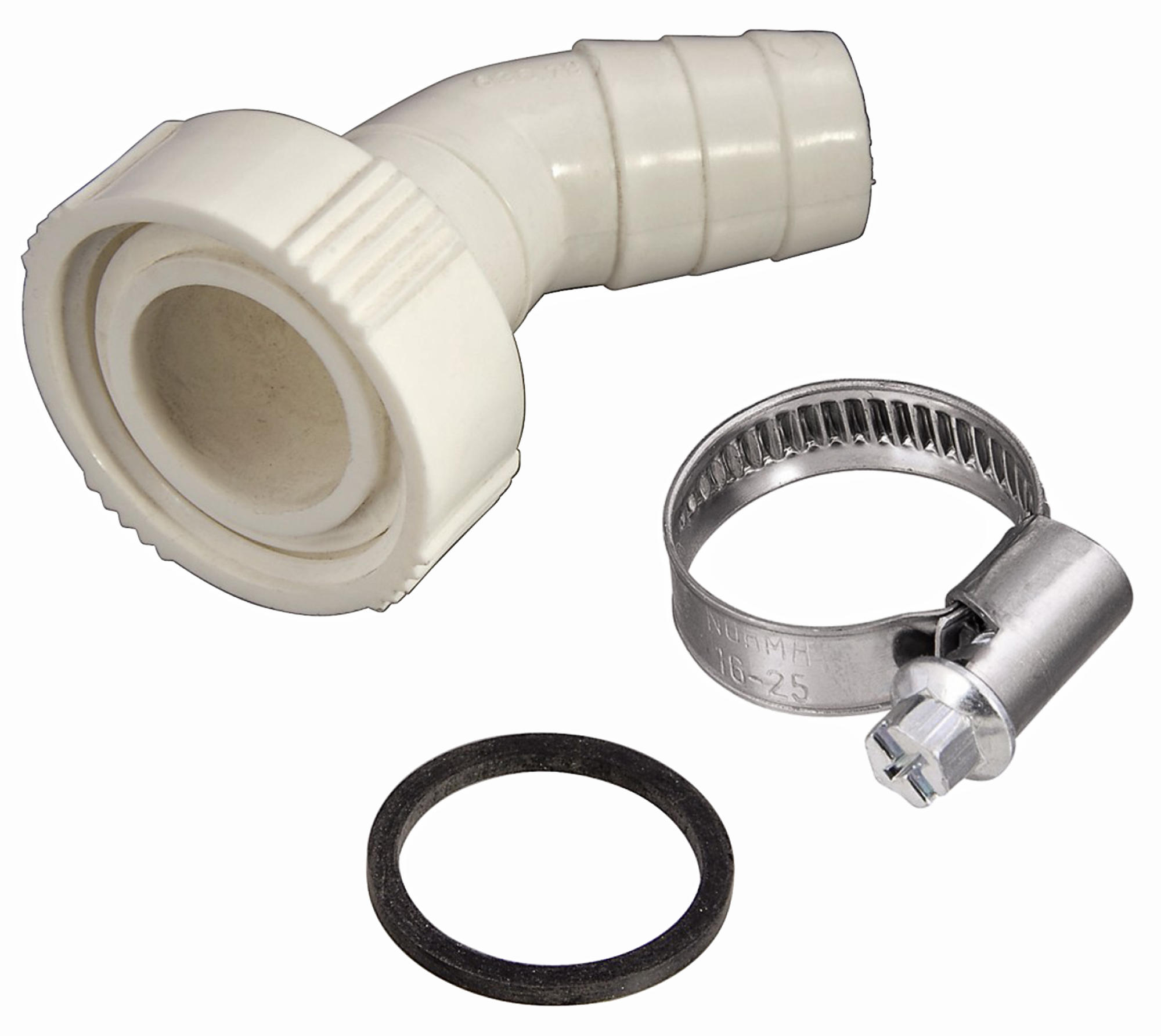 Raccords de plomberie : raccord coudé blanc, collier de serrage métallique et joint en caoutchouc noir.