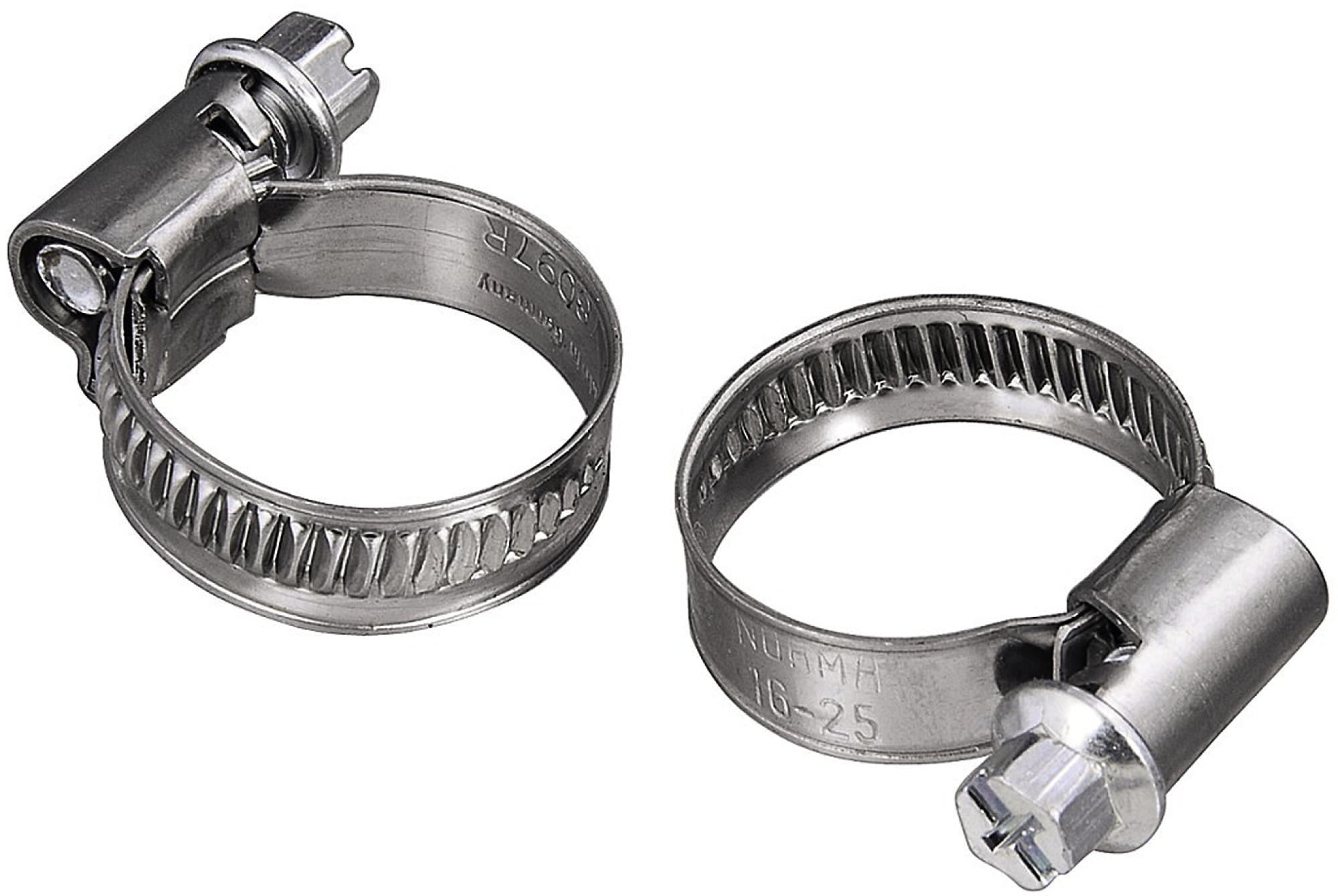 Zwei Metallschlauchschellen. Jede hat einen Schraubmechanismus zum Festziehen.