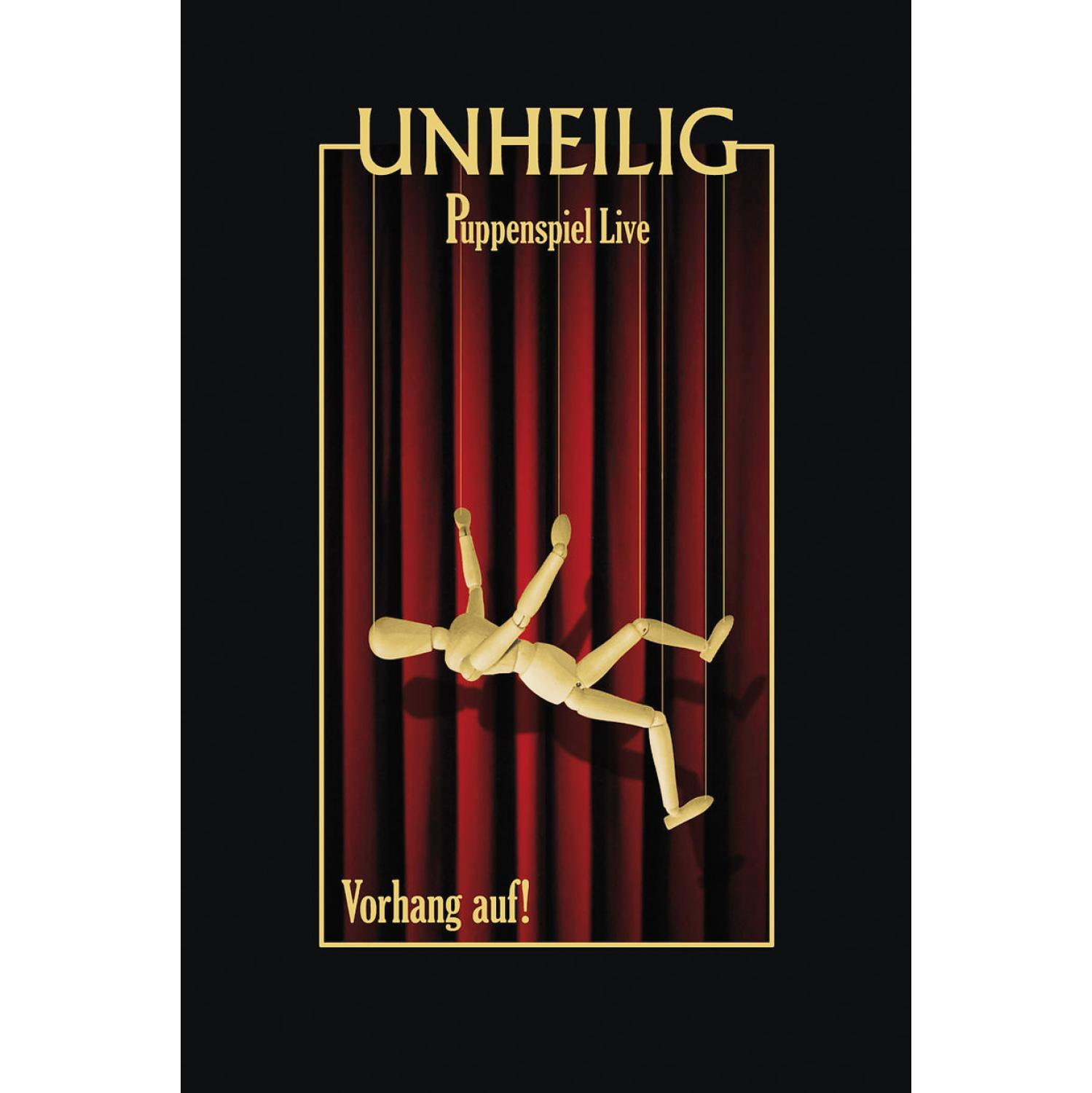 DVD-Cover: Eine Holzmarionette hängt an Fäden vor einem roten Vorhang.