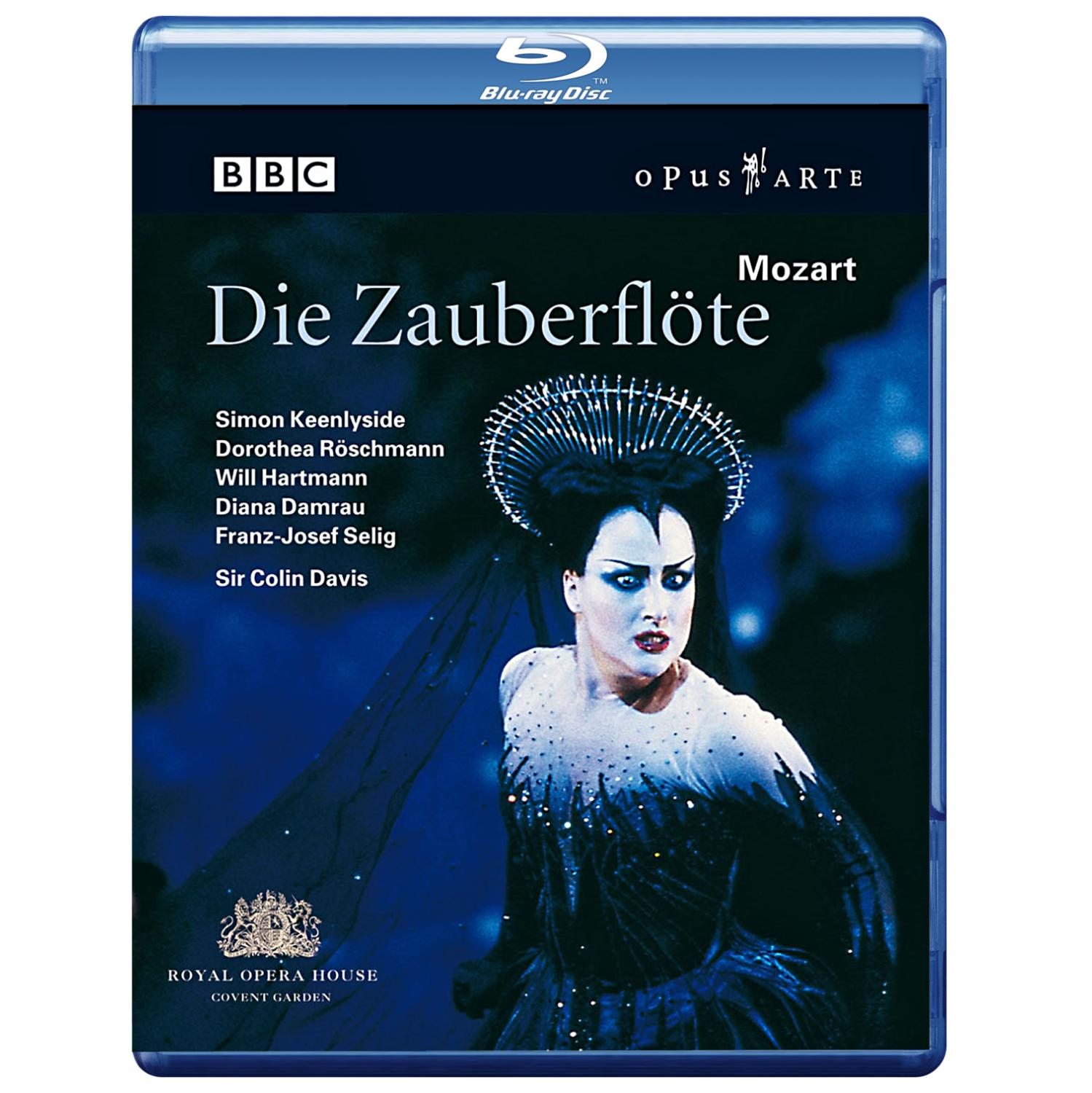 Blu-ray-Cover für 'Die Zauberflöte' mit einer Frau in Kostüm und Text.