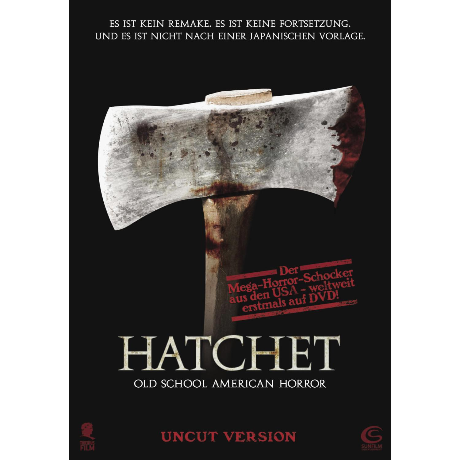 Filmposter von 'Hatchet' mit blutiger Axt. Dunkler Hintergrund.
