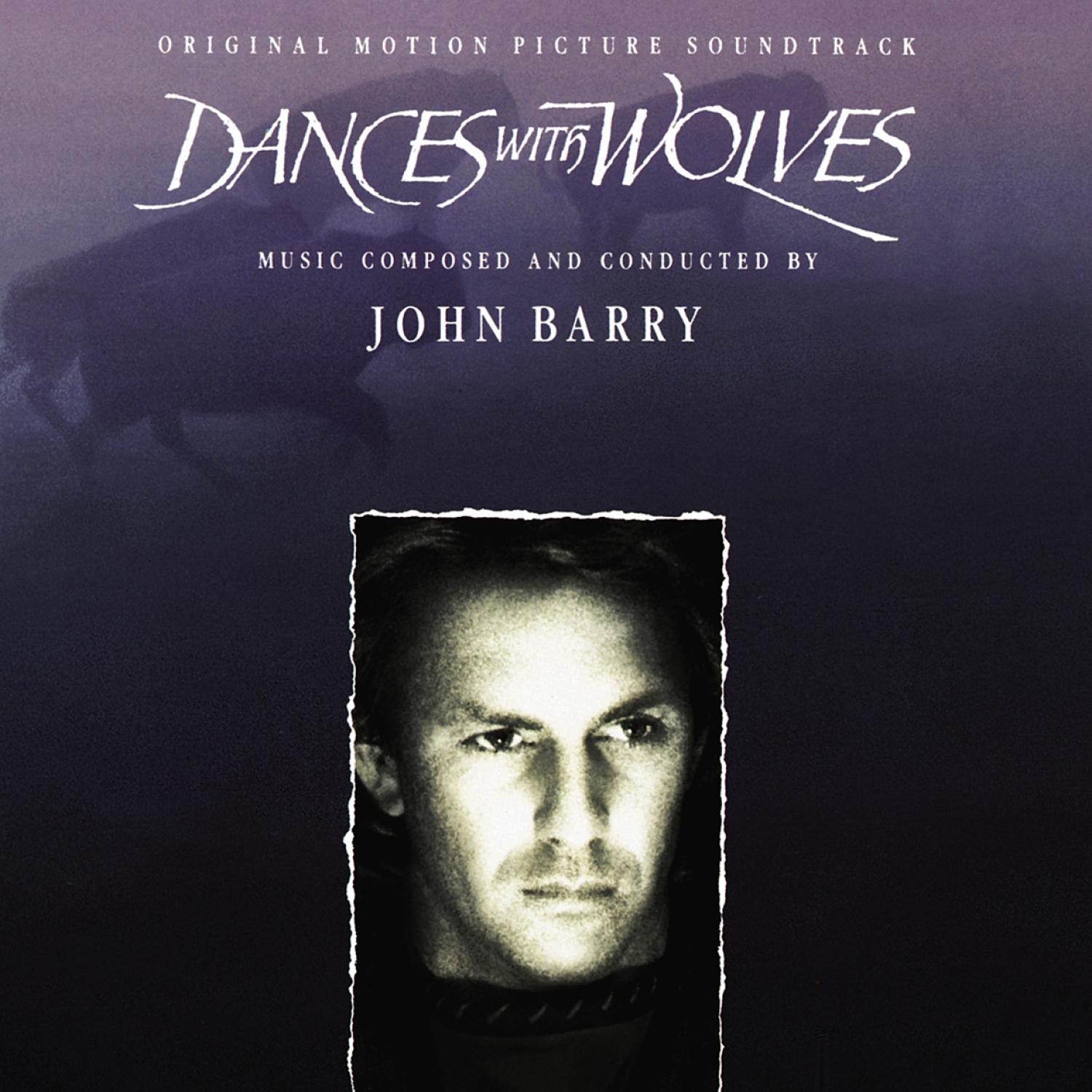 Albumcover: Kevin Costner. Titel: Der mit dem Wolf tanzt. Kevin Costners Gesicht in einem quadratischen Rahmen, dunkler Hintergrund.