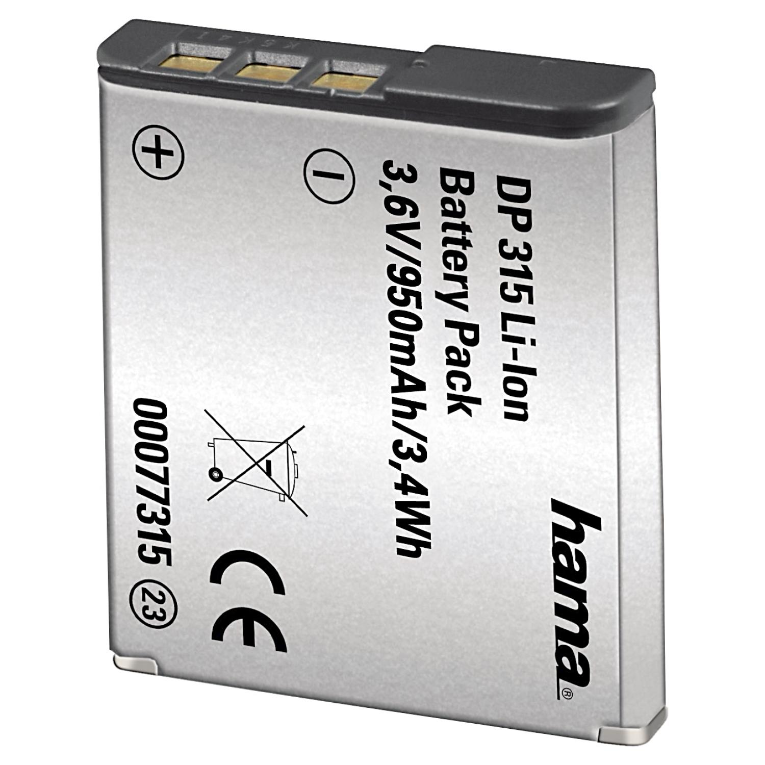 Silberner Hama DP315 Li-Ion-Akkupack mit schwarzem Text, CE-Zeichen und Pluszeichen. Details: 3,6 V/950 mAh/3,4 Wh.