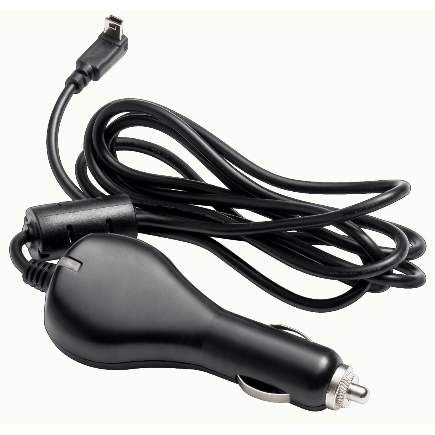 Chargeur de voiture noir avec un câble USB attaché. Le câble est enroulé.