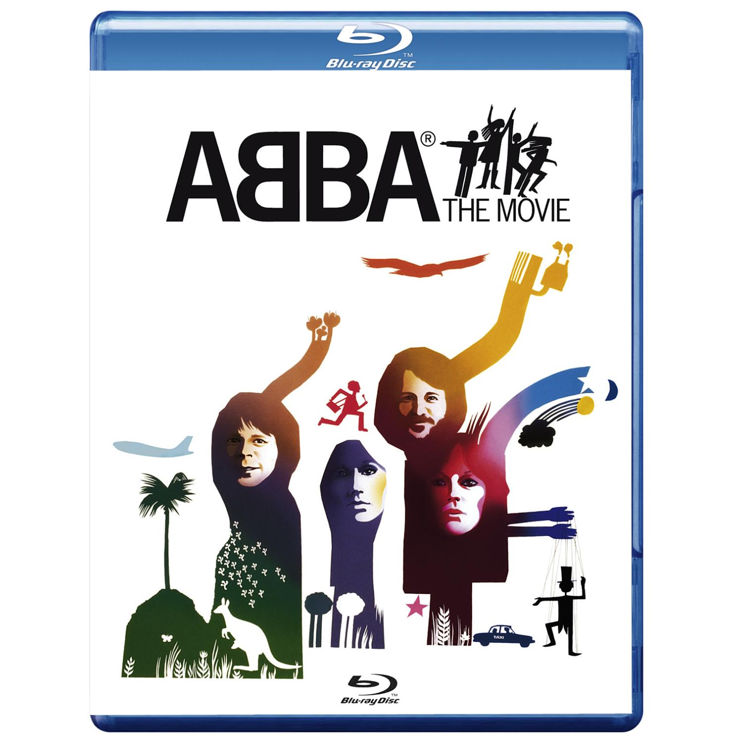 ABBA The Movie Blu-ray-Cover. Vier Personen im Cartoon-Stil mit Flugzeug und Känguru.