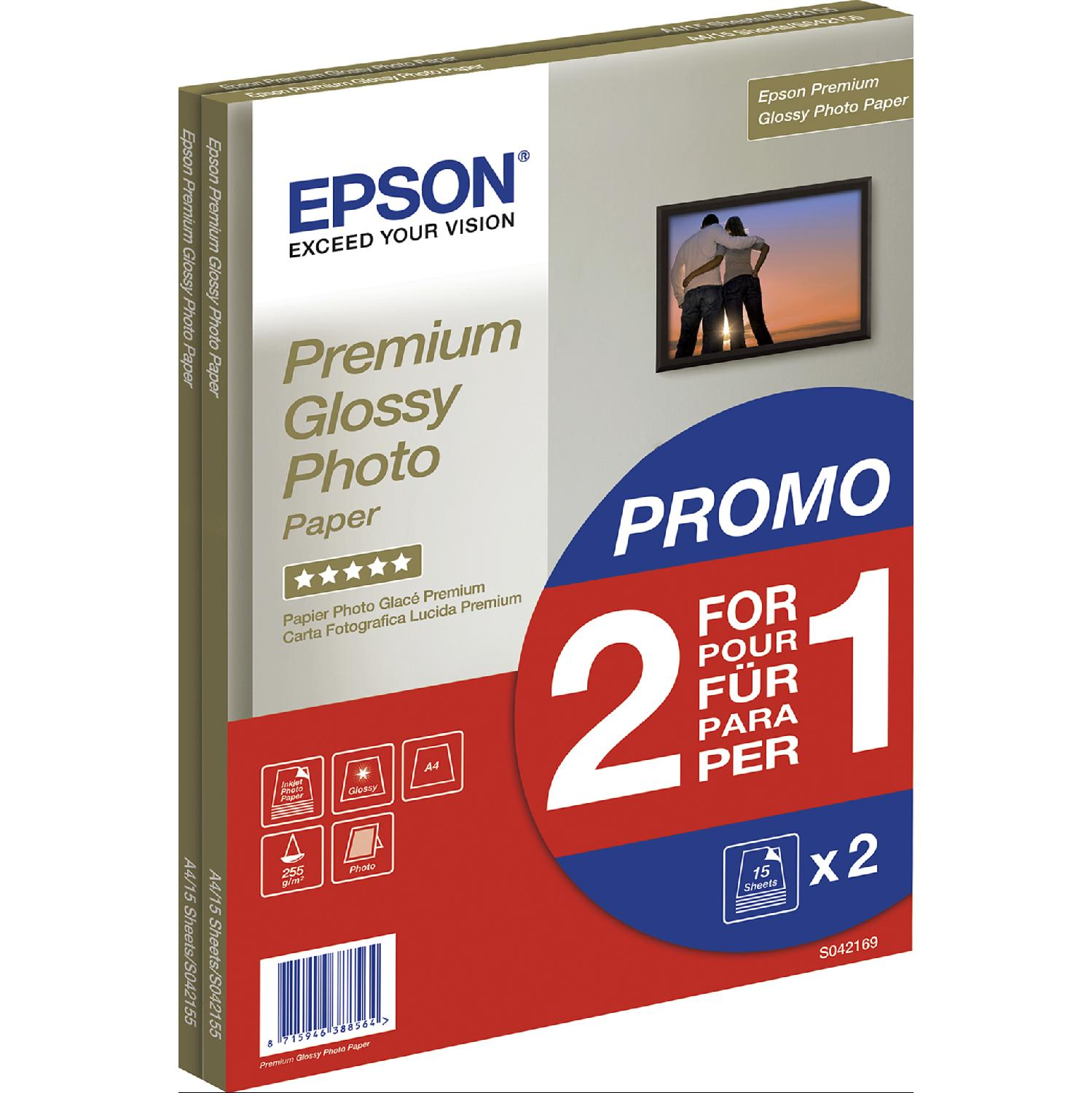 Epson Premium Glanz-Fotopapier-Packung. Die Packung ist blau und rot, mit einem Promo: 2 für 1.