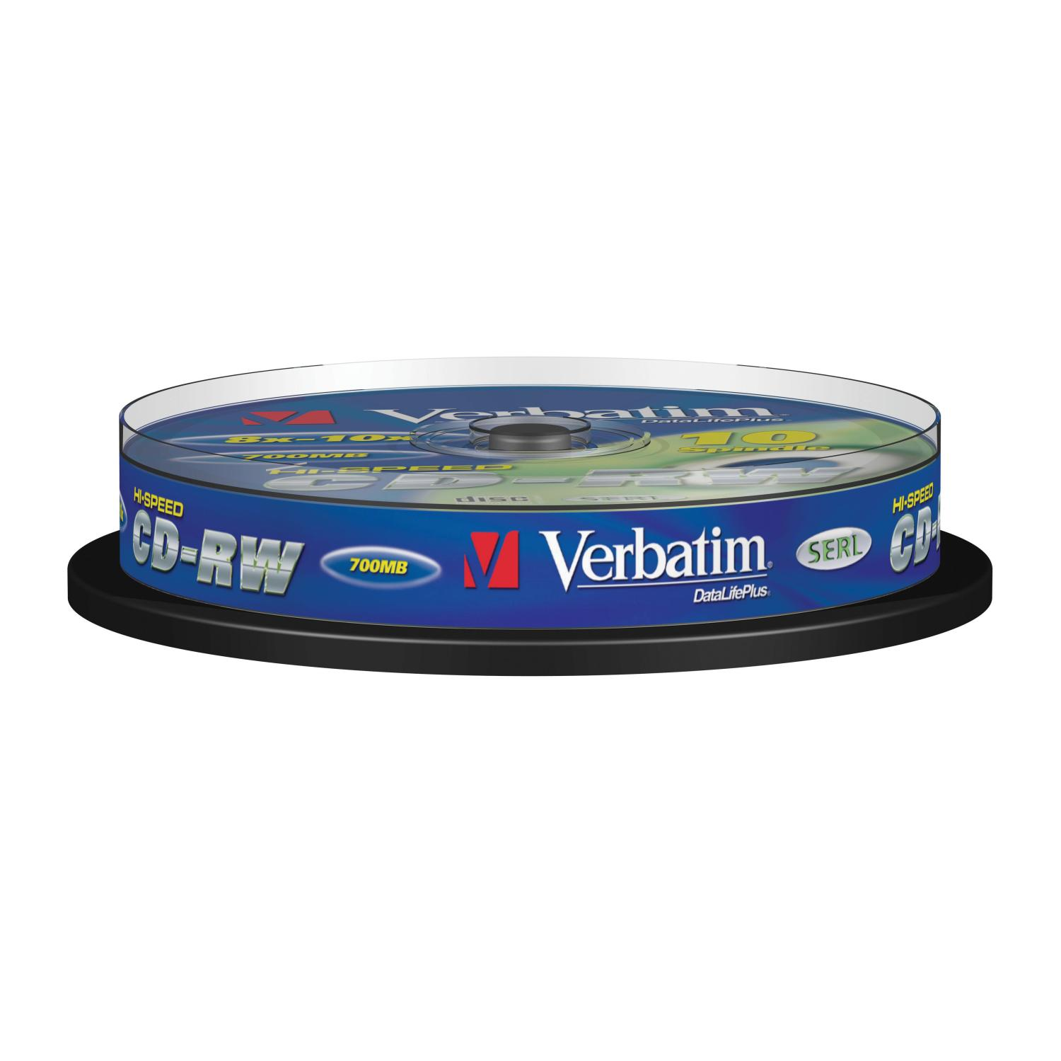 CD-RW-Disc in einem blauen Gehäuse. Die Disc hat blaue und gelbe Etiketten mit dem Verbatim-Logo.