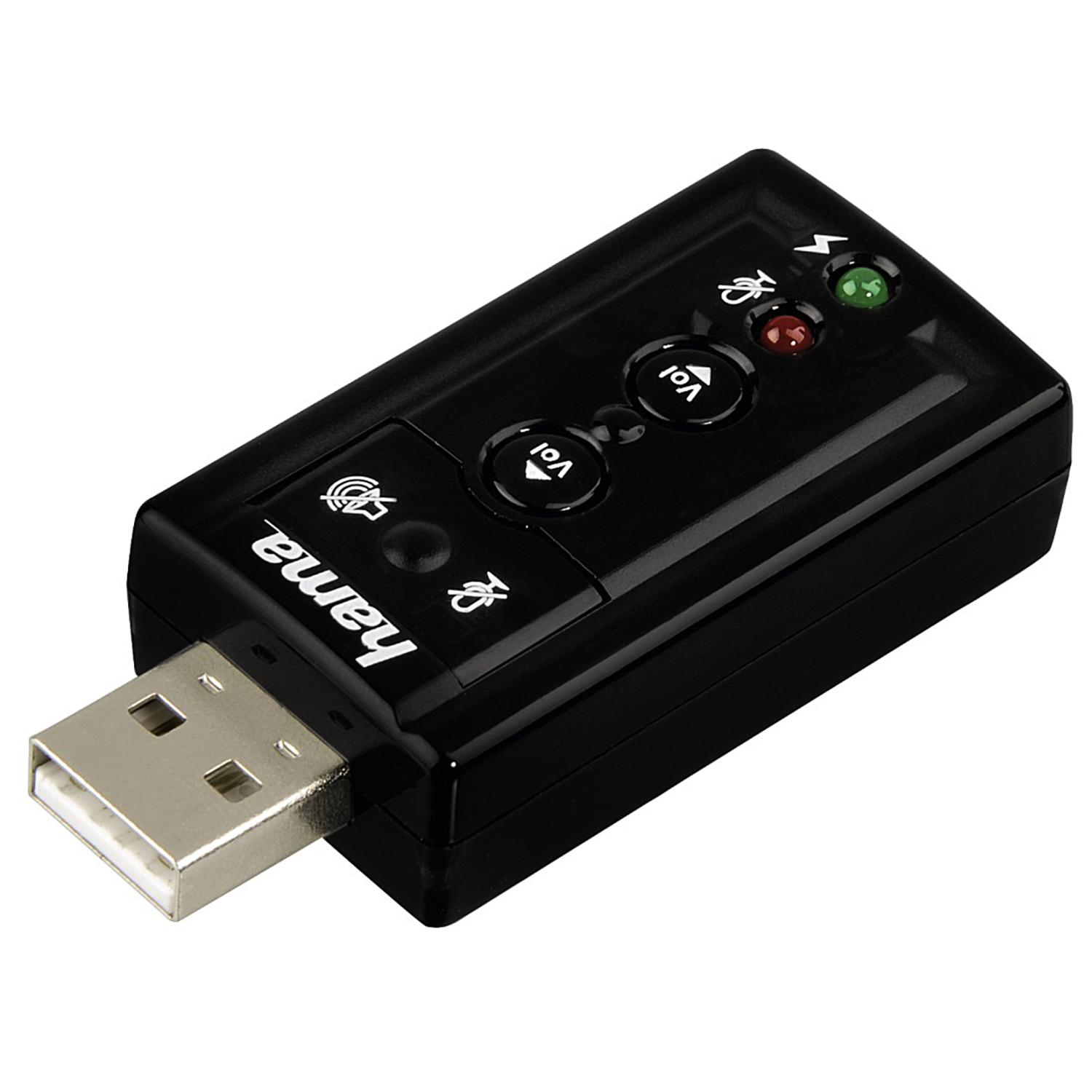 Kleiner schwarzer USB-Audioadapter. Lautstärke- und Ein-/Aus-Tasten, mit USB-Anschluss.