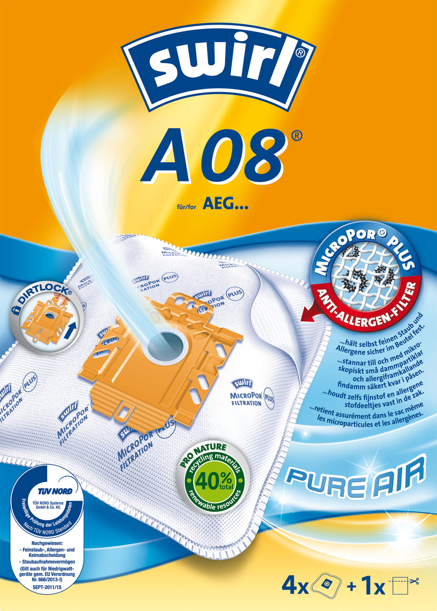 Staubsaugerbeutel-Verpackung. Orange und blau mit Text und Bildern, weißer Hintergrund.