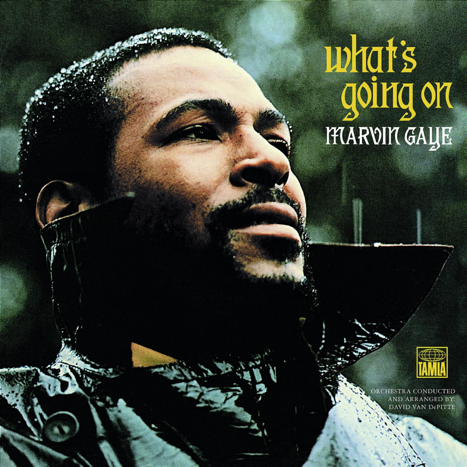 Marvin Gaye Albumcover mit seinem Porträt, Titel 'What's Going On' und regnerischem Hintergrund.