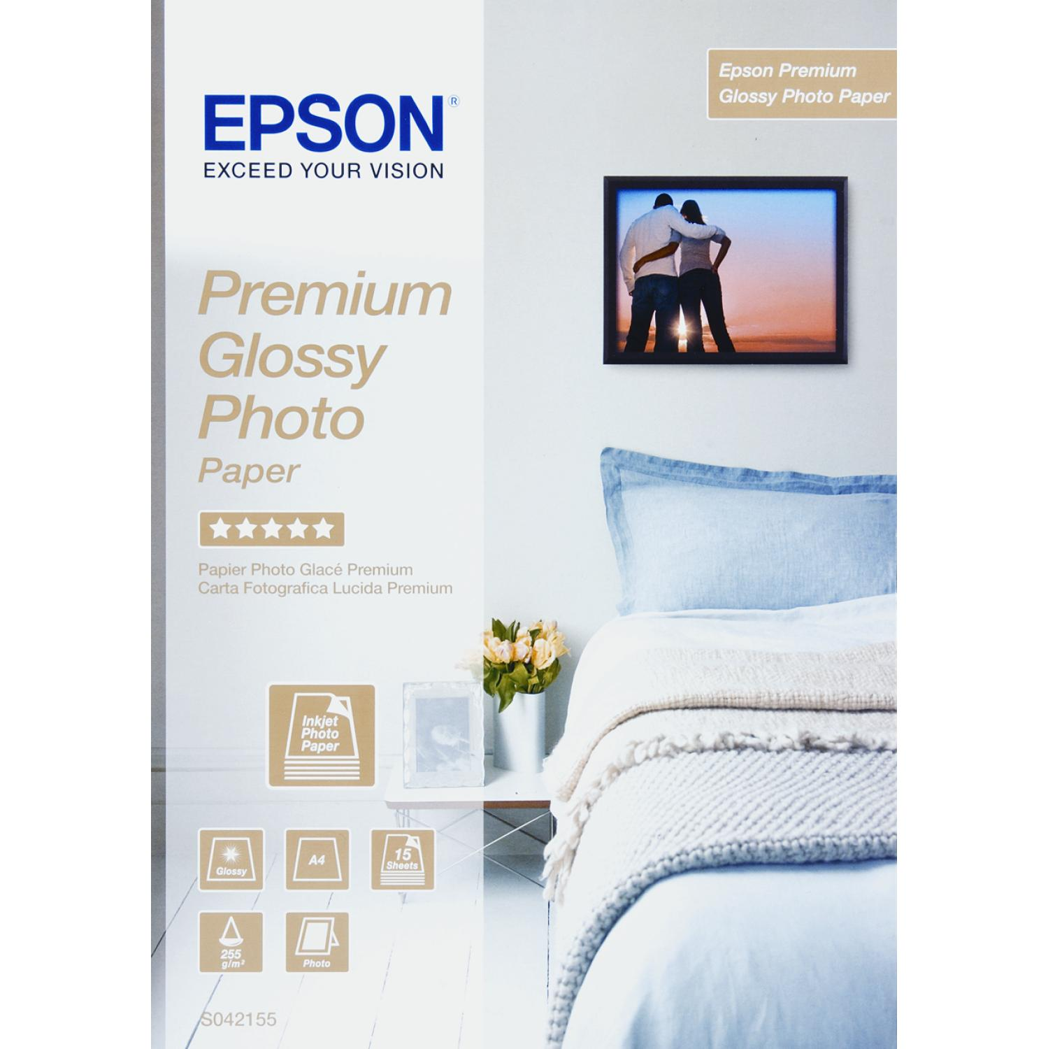 Papel fotográfico - Epson Premium Glossy Photo Paper, A4, 15 unidades y 255 gramos