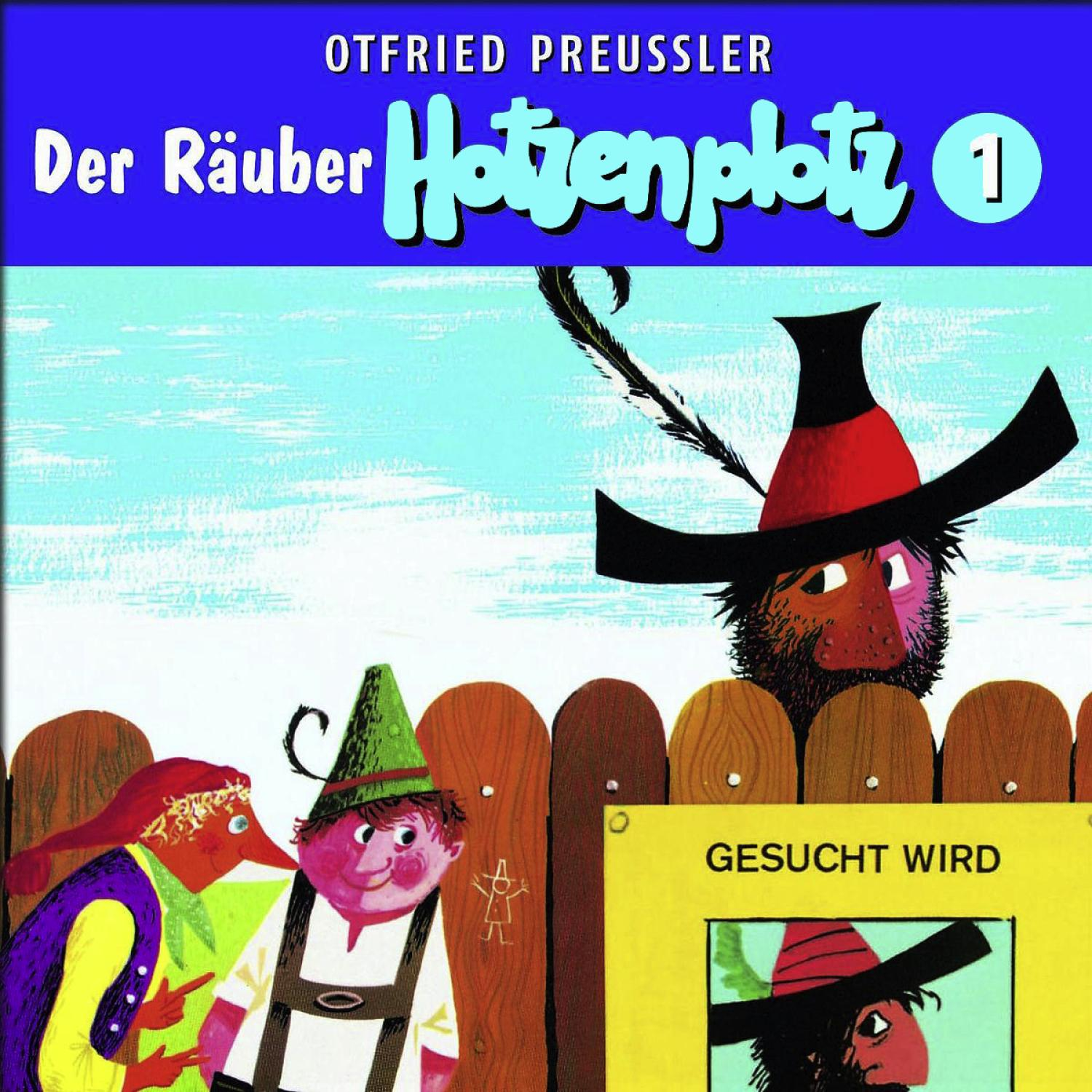 Buchcover. Cartoon-Illustrationen von Menschen und einem Zaun. Text: Der Räuber Hotzenplotz 1.