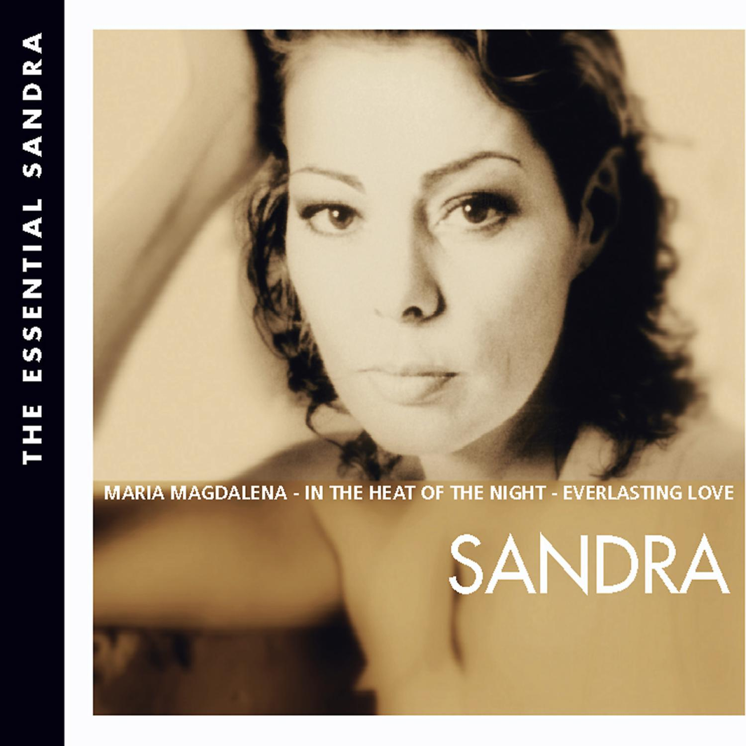 Albumcover für 'The Essential Sandra'. Das Gesicht einer Frau steht im Mittelpunkt. Der Text lautet 'Sandra' und die Songtitel.