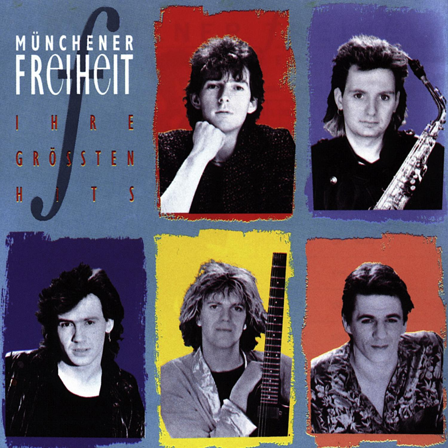 Münchener Freiheit Albumcover. Sechs Bandmitglieder in unterschiedlich farbigen Kästchen.