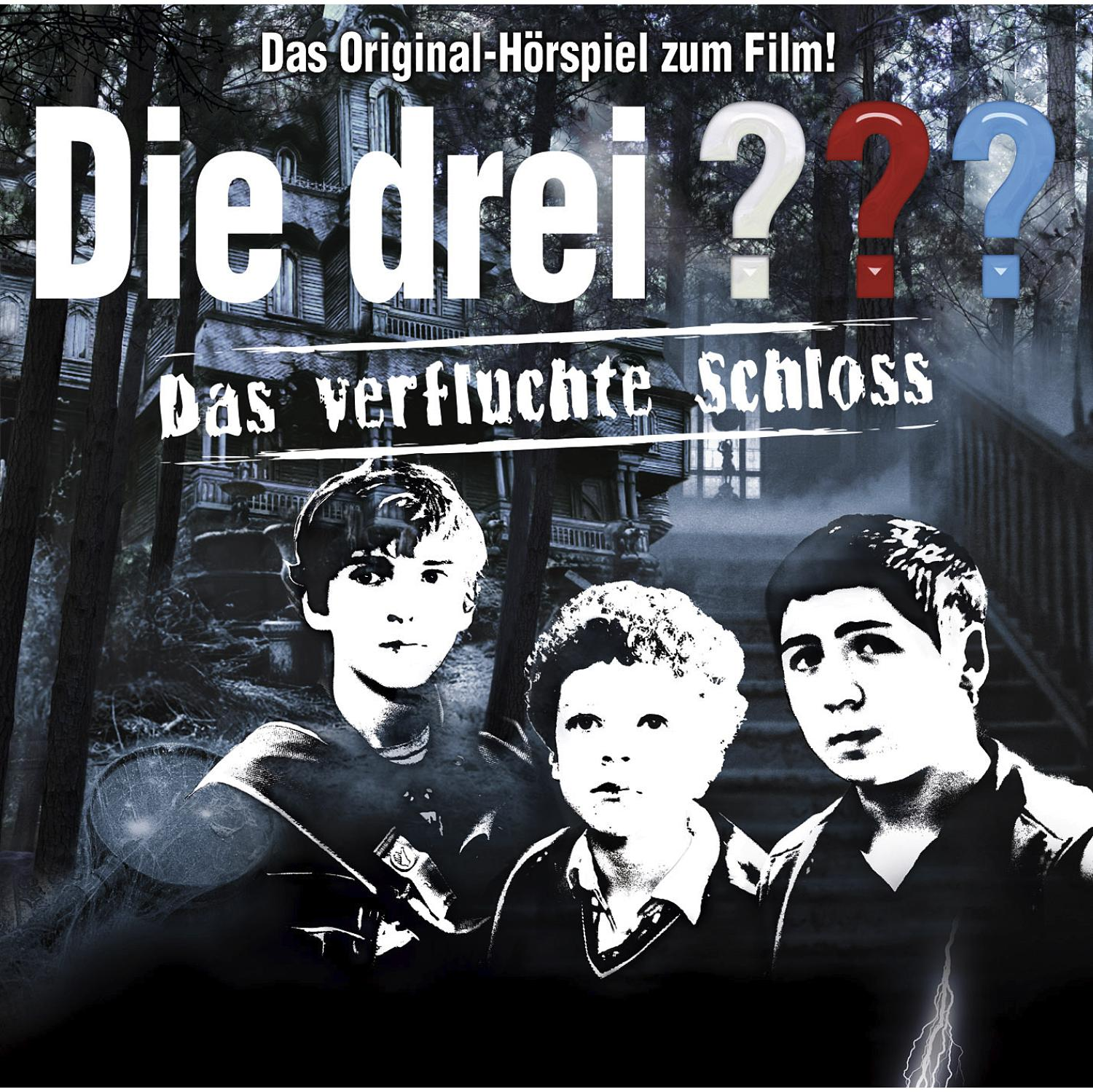 Filmposter von Die drei ???. Drei Jungen sind im Vordergrund. Ein Geisterhaus ist im Hintergrund.