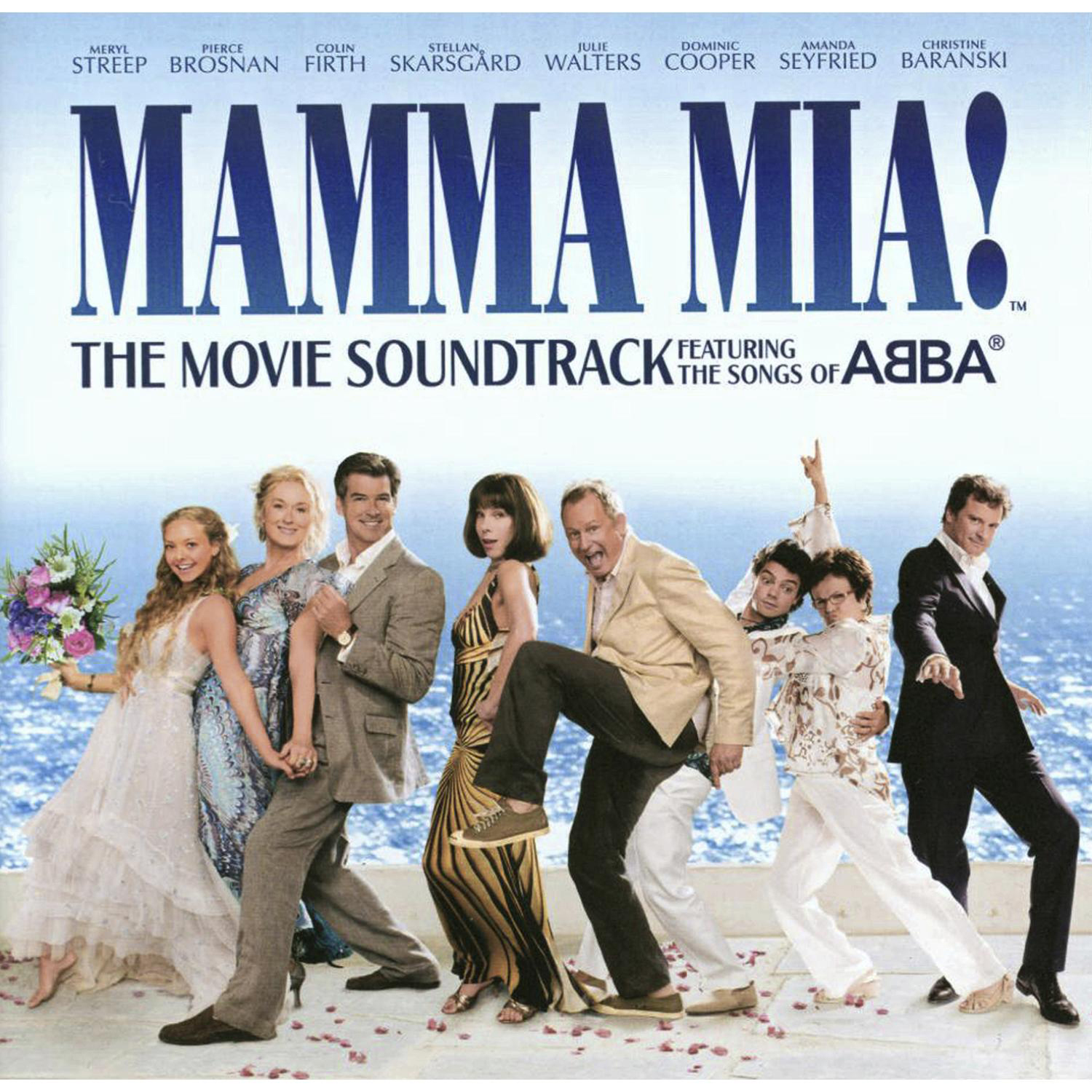 Mamma Mia! Soundtrack-Cover mit Schauspielern aus dem Film, auf blauem Hintergrund.