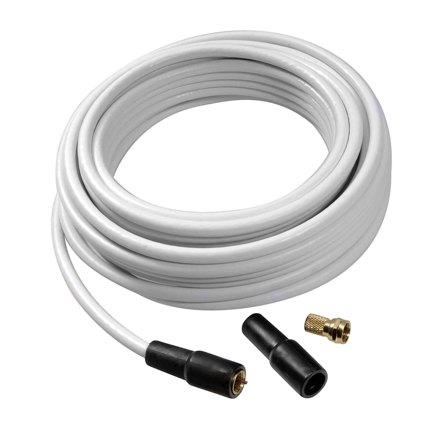 Weißes Koaxialkabel, aufgerollt, mit Anschlüssen. Ein weißer und goldener Stecker.