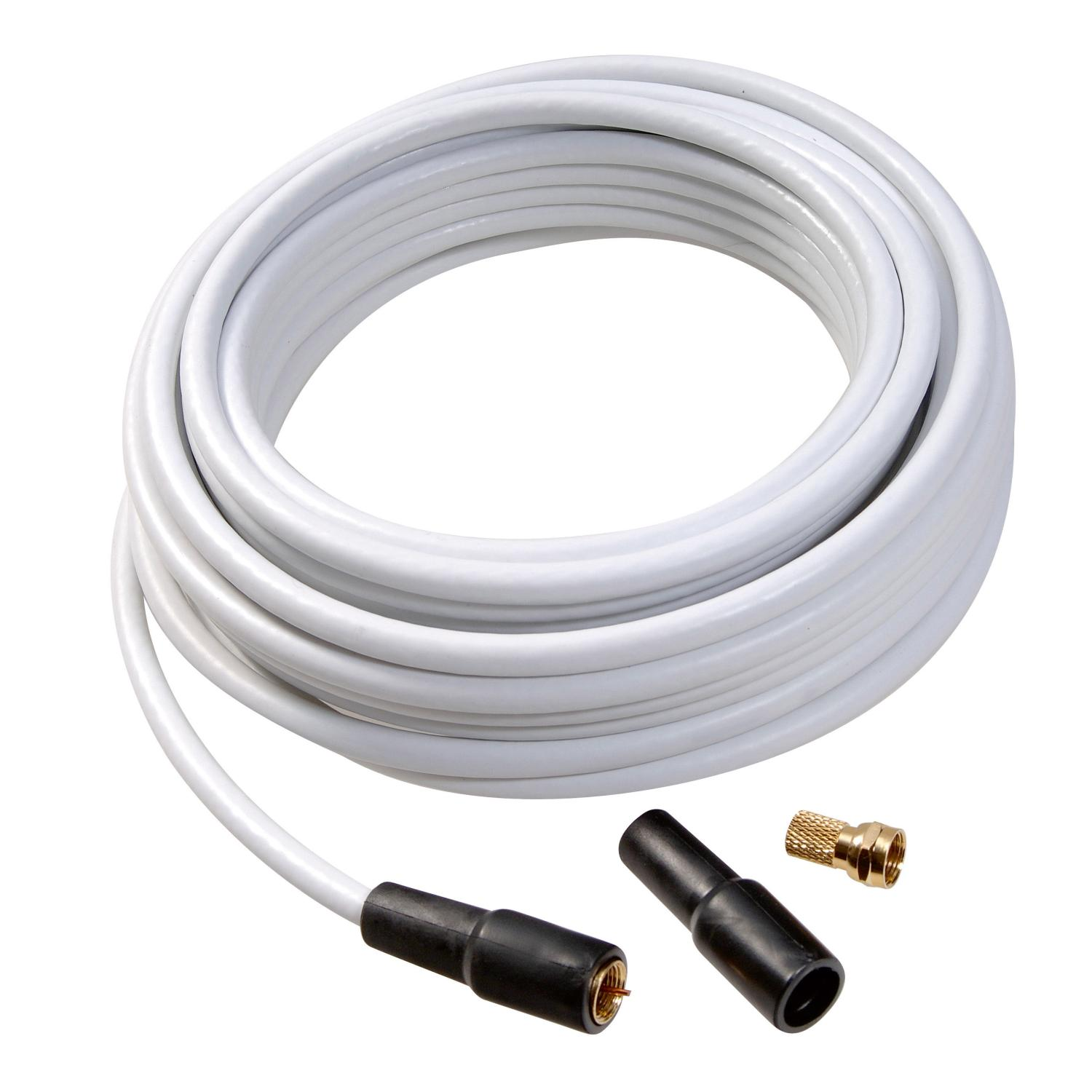 Gewickeltes weißes Koaxialkabel, zwei schwarze Stecker und ein goldfarbener Stecker.