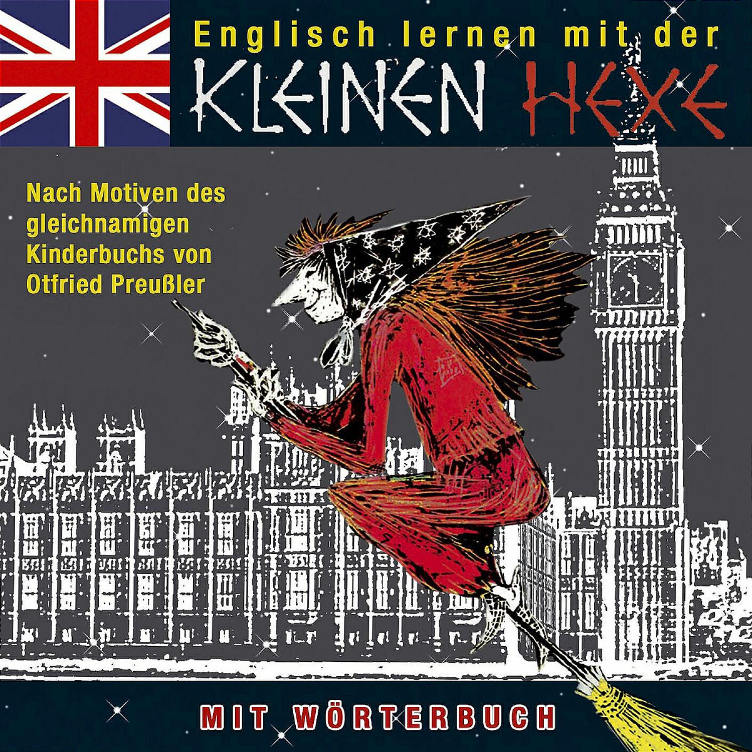 Albumcover: eine Hexe auf einem Besen, die über eine Stadt mit Big Ben fliegt.