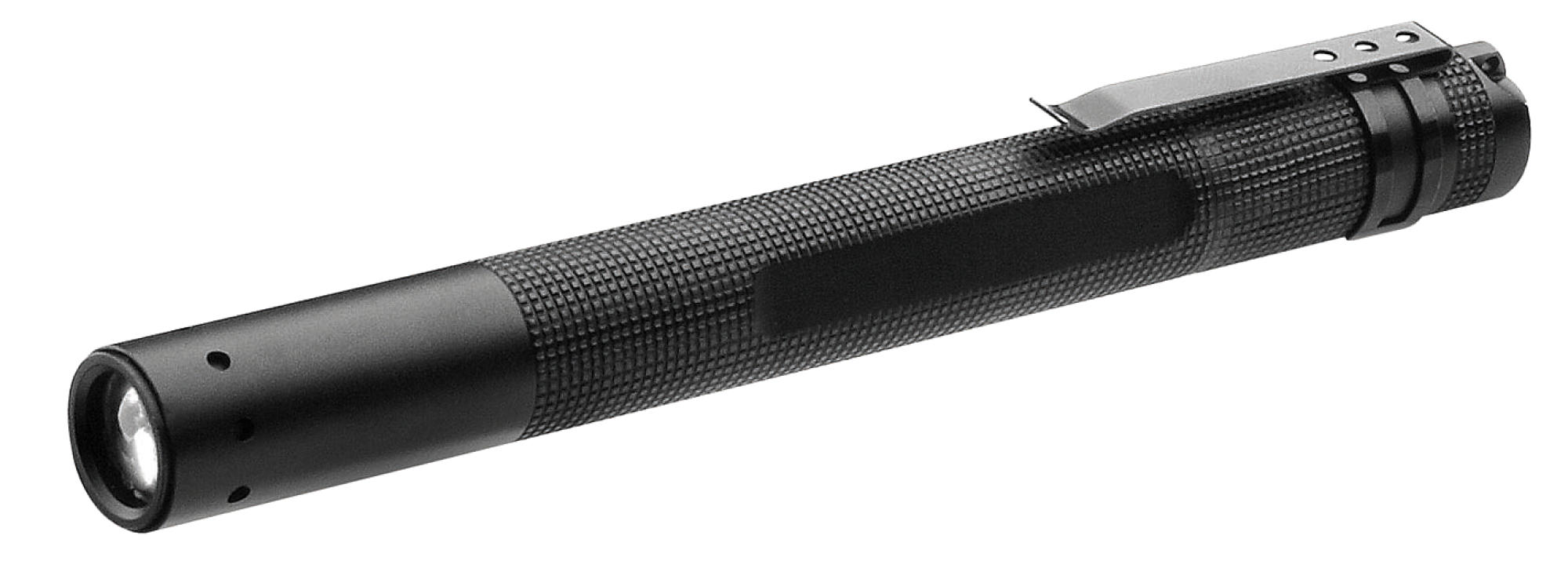 Schwarze Taschenlampe mit strukturierter Grifffläche.