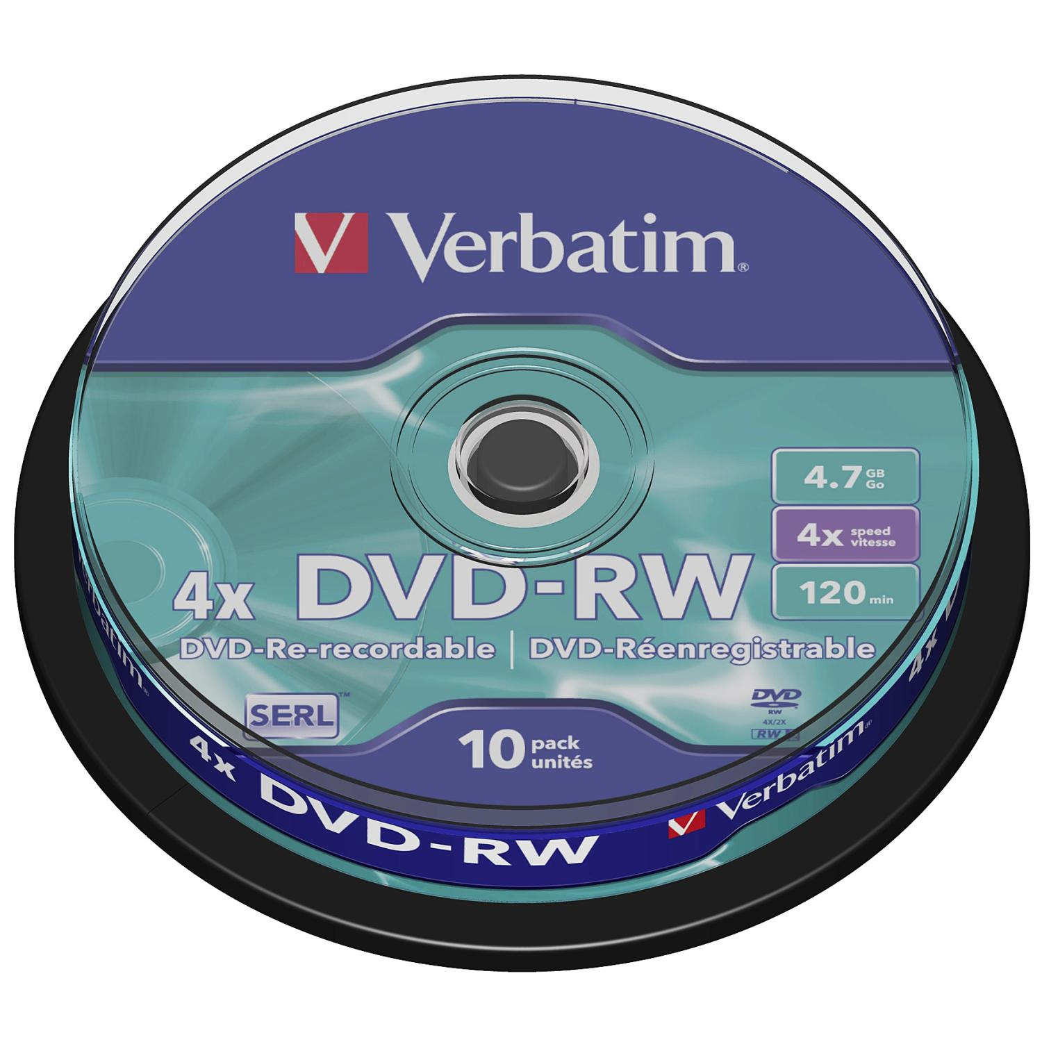 Verbatim DVD-RW-Disc in einem Gehäuse, mit Angaben zu Kapazität und Geschwindigkeit.