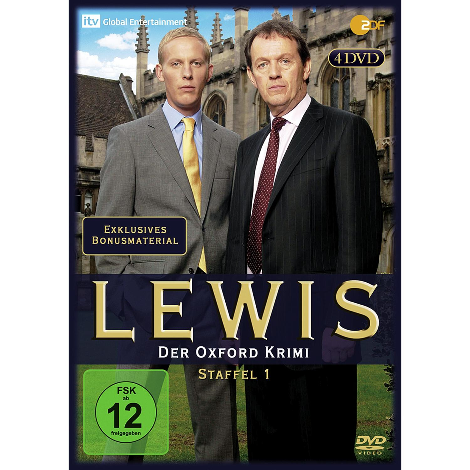 DVD-Cover der Fernsehserie 'Lewis'. Zwei Männer in Anzügen, der Titel 'LEWIS' in großen Buchstaben. Der Hintergrund ist ein Gebäude.