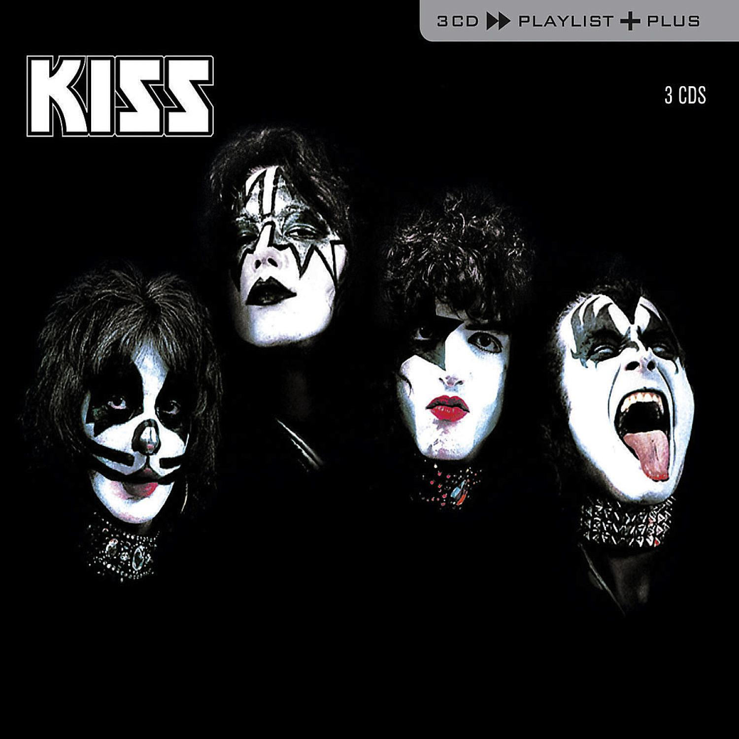KISS-Bandmitglieder mit Gesichtsbemalung auf Albumcover, schwarzer Hintergrund, Text: KISS, 3 CDs, Playlist Plus.