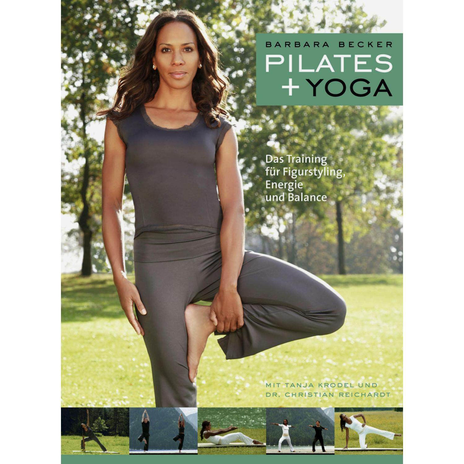 Frau in grauer Sportkleidung auf Pilates-Buchcover, Baumhintergrund.