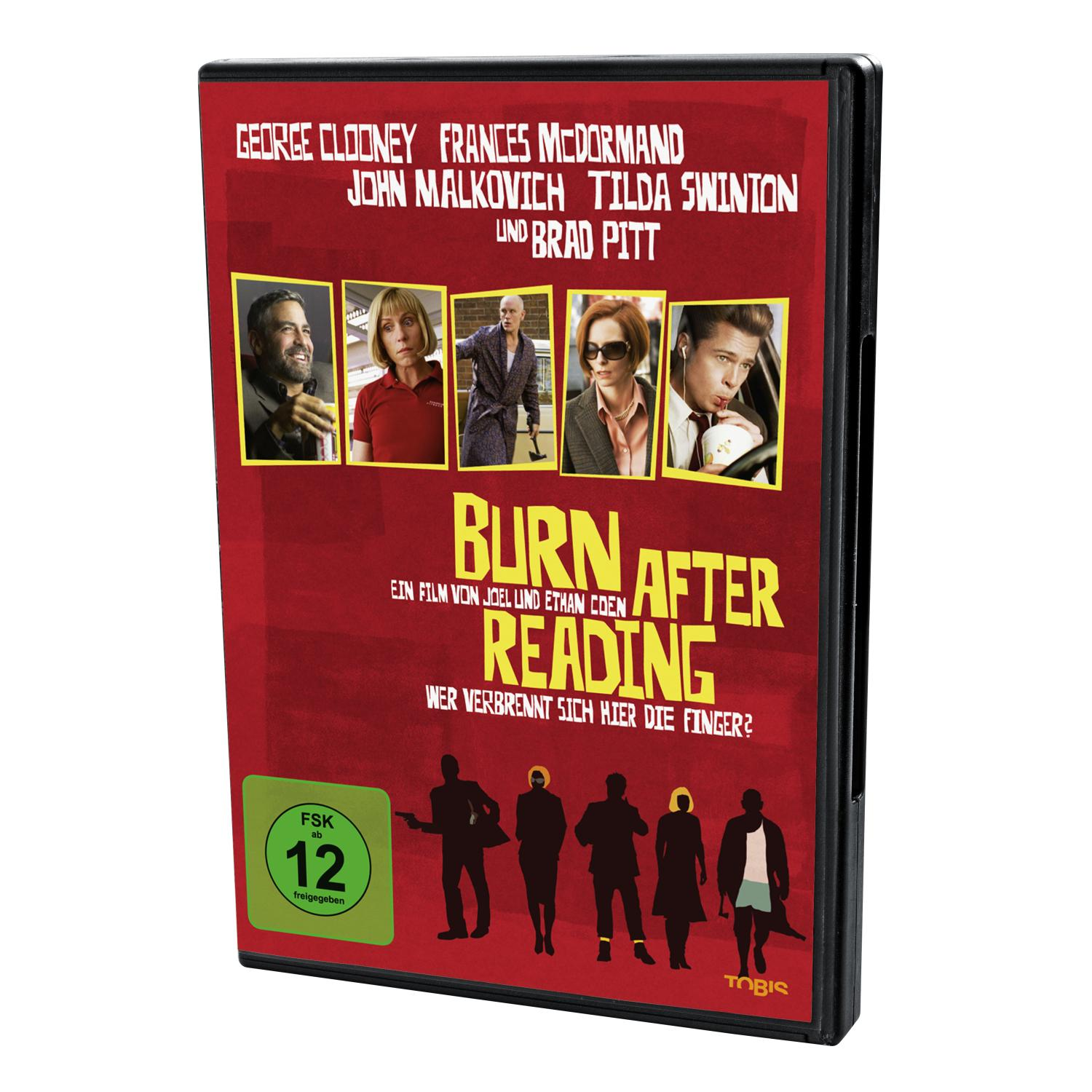 Burn After Reading DVD-Cover. Gesichter der Schauspieler werden gezeigt, mit rotem Hintergrund und Text.