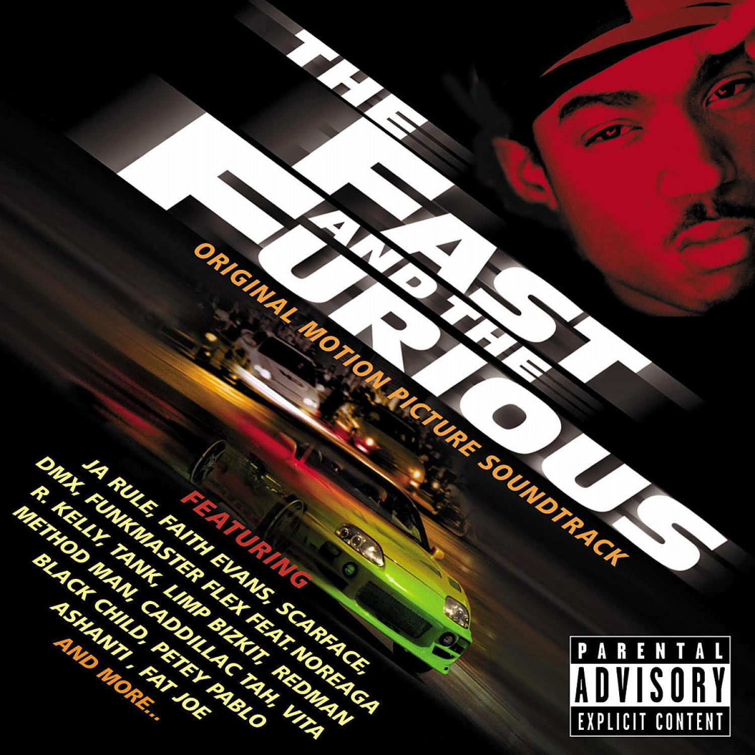 Cover des Soundtracks von The Fast and the Furious. Ein Auto fährt Rennen. Ein Mann ist im Eck. Elternberatung.