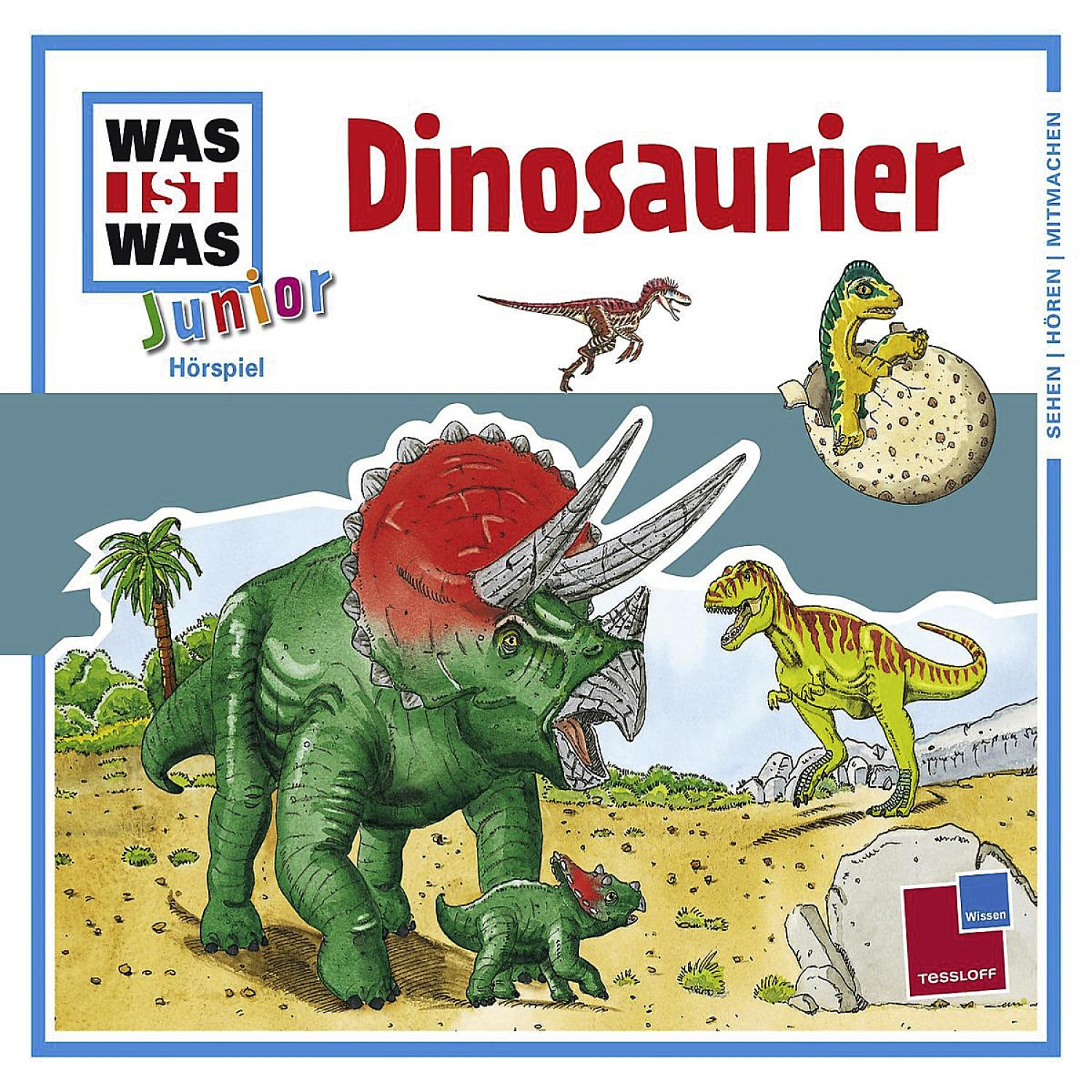 Kinderbuchcover: Zeichentrickdinosaurier auf sandigem Hintergrund. Titel: Dinosaurier.