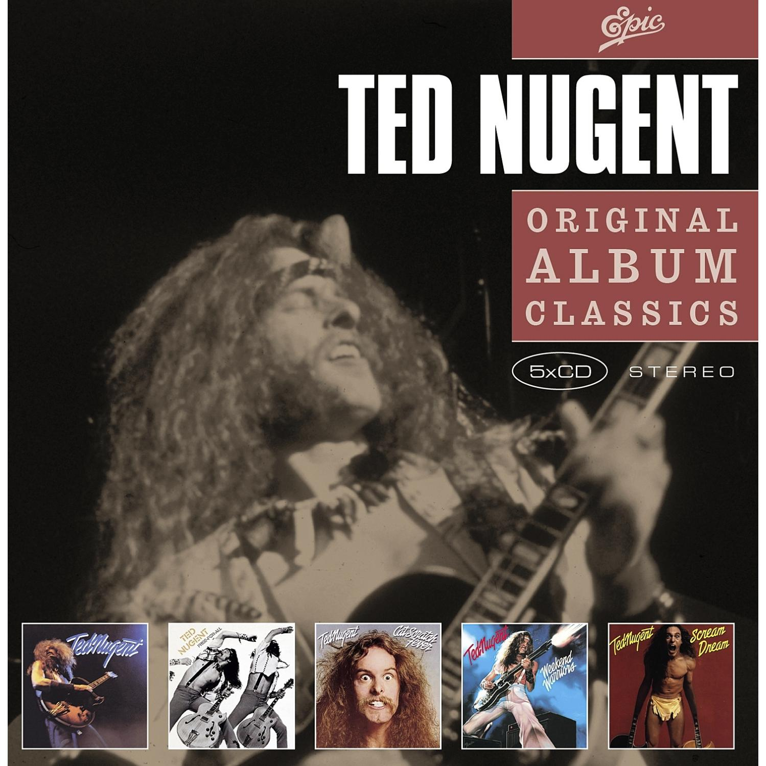 Albumcover: 'Ted Nugent' Titel, Bild eines Mannes, der Gitarre spielt, mehrere Albumcover sind vorhanden.