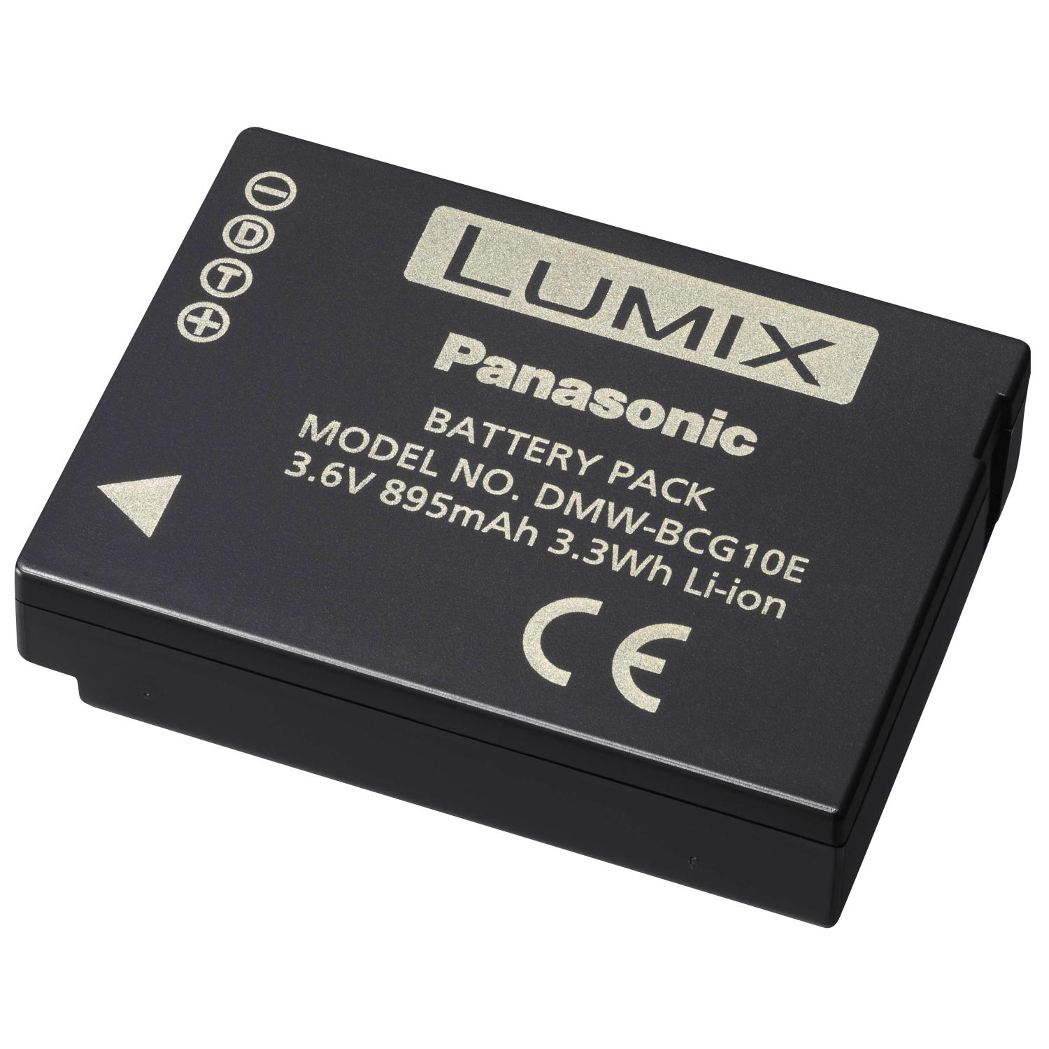 Batterie noire Lumix Panasonic. Texte indiquant le modèle et les spécifications, avec marquage CE.