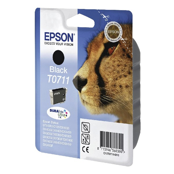 Embalaje de cartucho de tinta Epson. Imagen de cara de guepardo en el lado derecho. Cartucho de tinta negro a la izquierda.