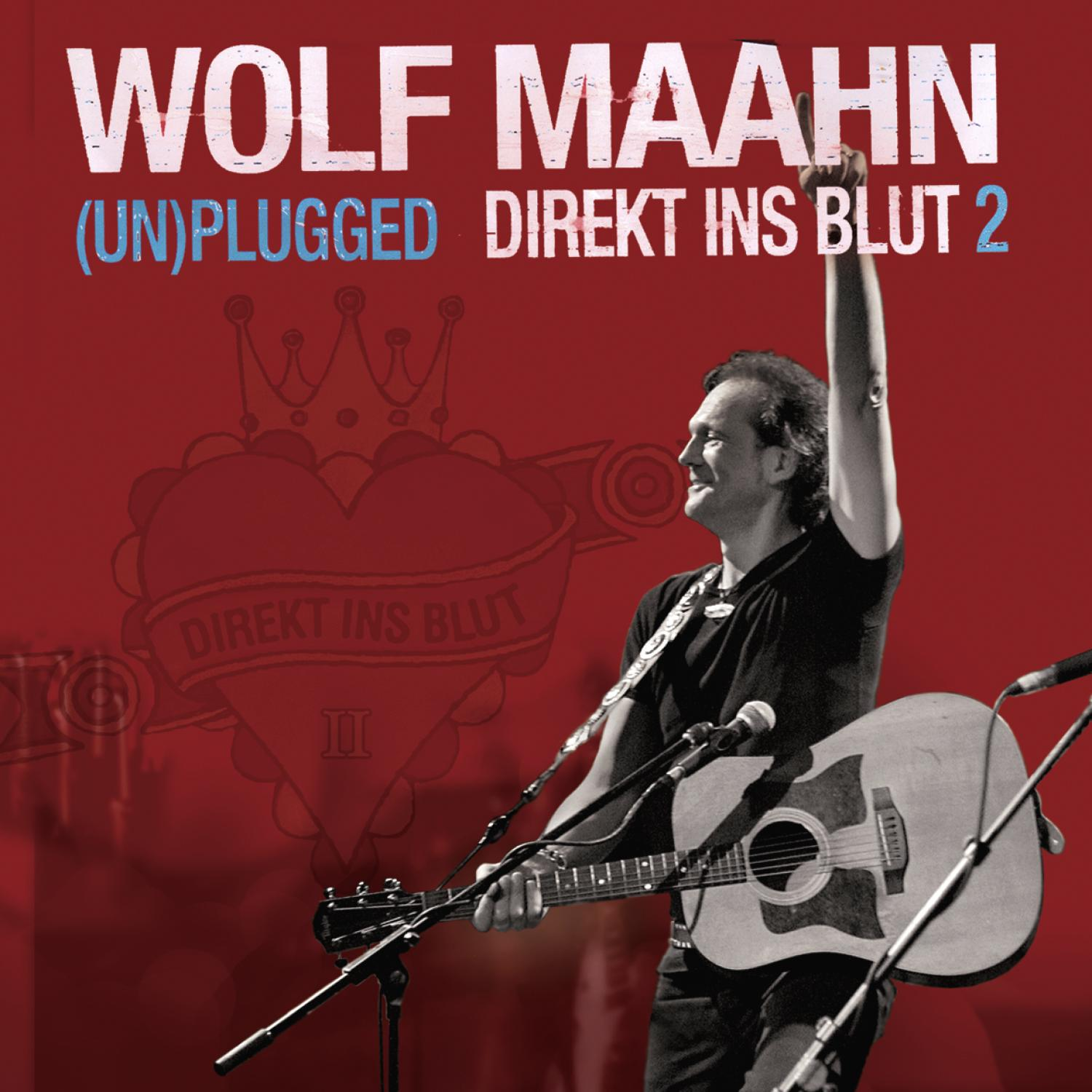 Albumcover. Ein Mann singt mit einer Gitarre, mit dem Text 'Wolf Maahn' und 'Direkt Ins Blut 2'.