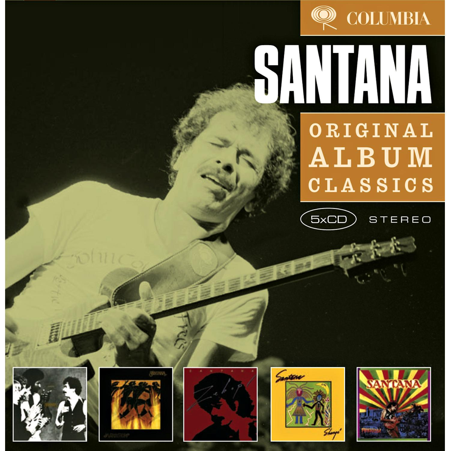 Santana-Albumcover. Zeigt Carlos Santana beim Gitarrespielen, Albumkunst und ein '5xCD'-Label. Columbia Records.