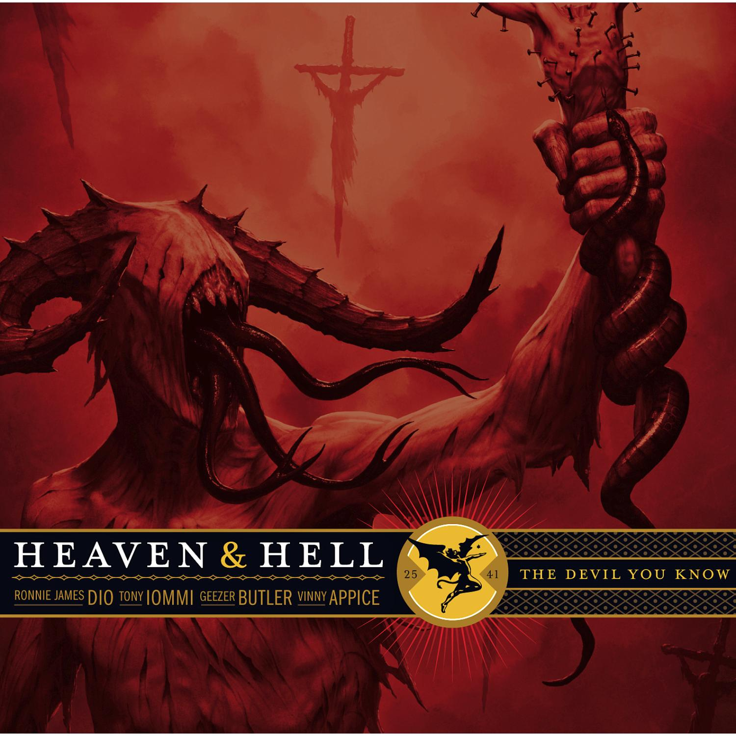 Albumcover Heaven & Hell. Dämonenfigur auf rotem Hintergrund, mit Kreuz und Text.