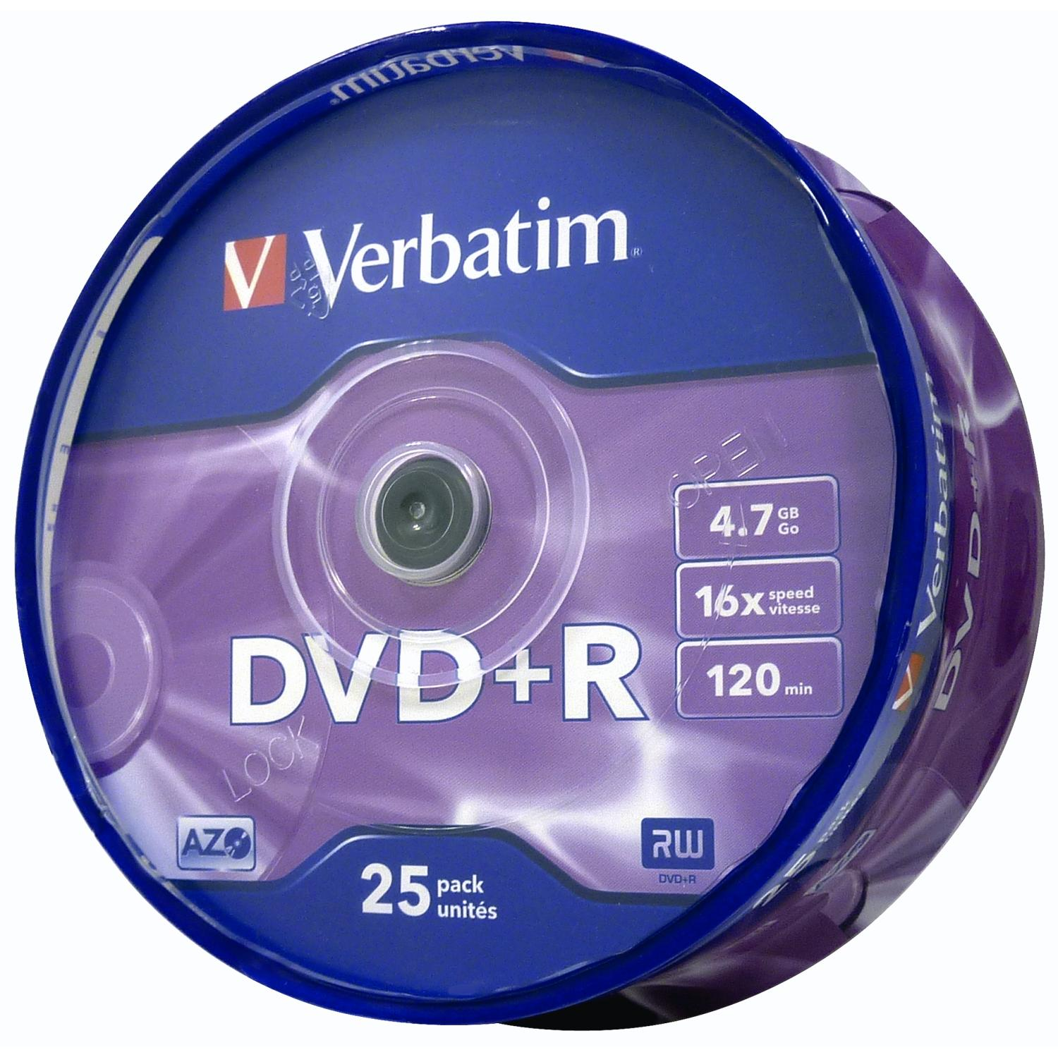Eine Verbatim DVD+R-Verpackung, blau und lila, mit Text und glänzender Oberfläche.